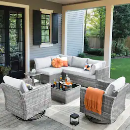 Ovios - 8 PCS Patio Furniture Set Outdoor Sectional Sofa with Swivel Chairs & Coffee Table - Gray