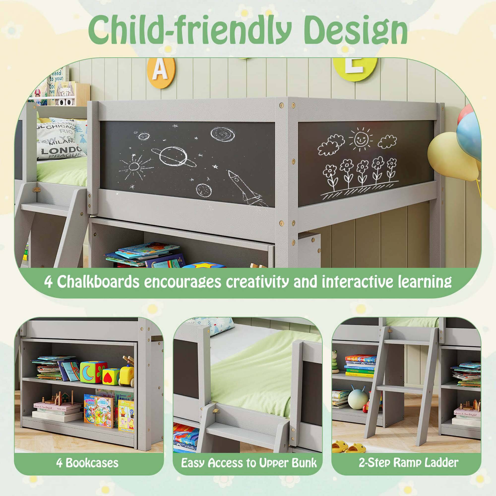 Child-friendly Design: 4 Chalkboards encourage creativity and interactive learning. 4 Bookcases provide easy access to the Upper Bunk. 2-Step Ramp Ladder.