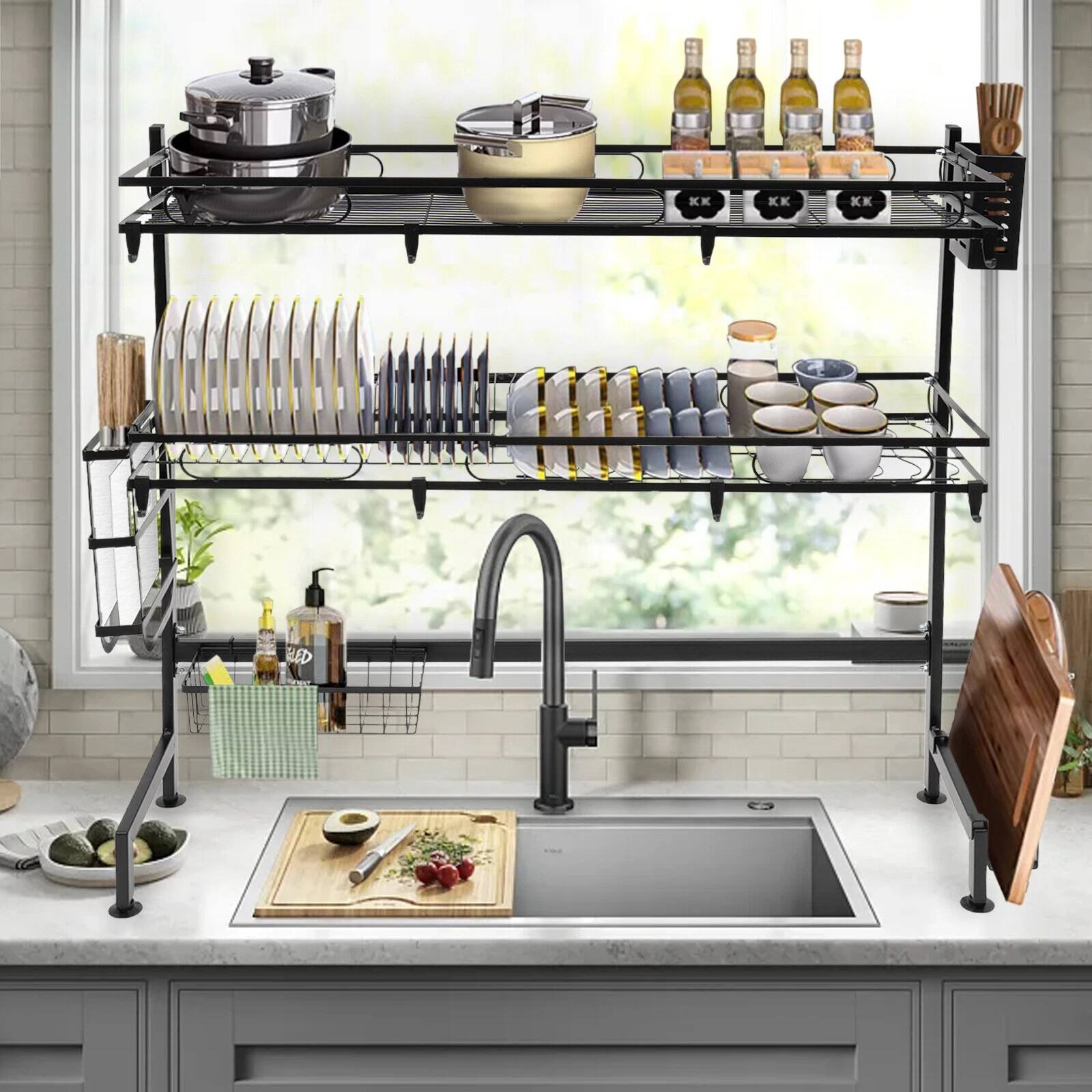 Angle. Home Collection - 2-Tier Over Sink Dish Drying Rack Carbon Steel Kitchen Organizer Cup Cutlery Shelf.