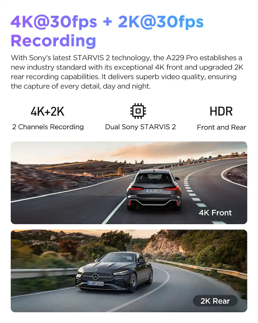 Video Screen Capture Cool Rear VIOFO A229 Pro 4K HDR Dash Cam, Dual STARVIS 2 IMX678 IMX675, 4K+2K ...