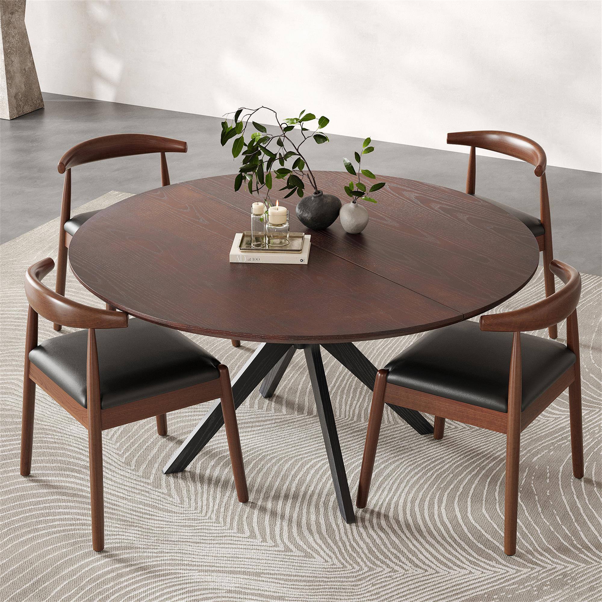Alt View 1. Boyel Living - 47.2" Solid Wood Round Dining Kitchen Table for 4-6 People with Intersecting Pedestal Base - Dark Walnut.
