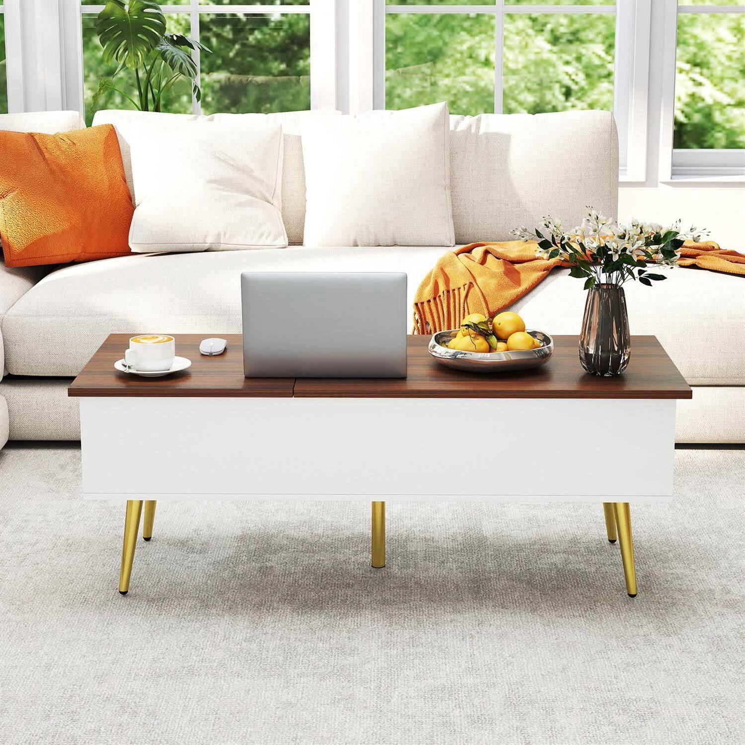 Back. Pefilos - 47 Inch Lift Top Coffee Table, 2 Hidden Compartments Solid Wood Legs - Brown.