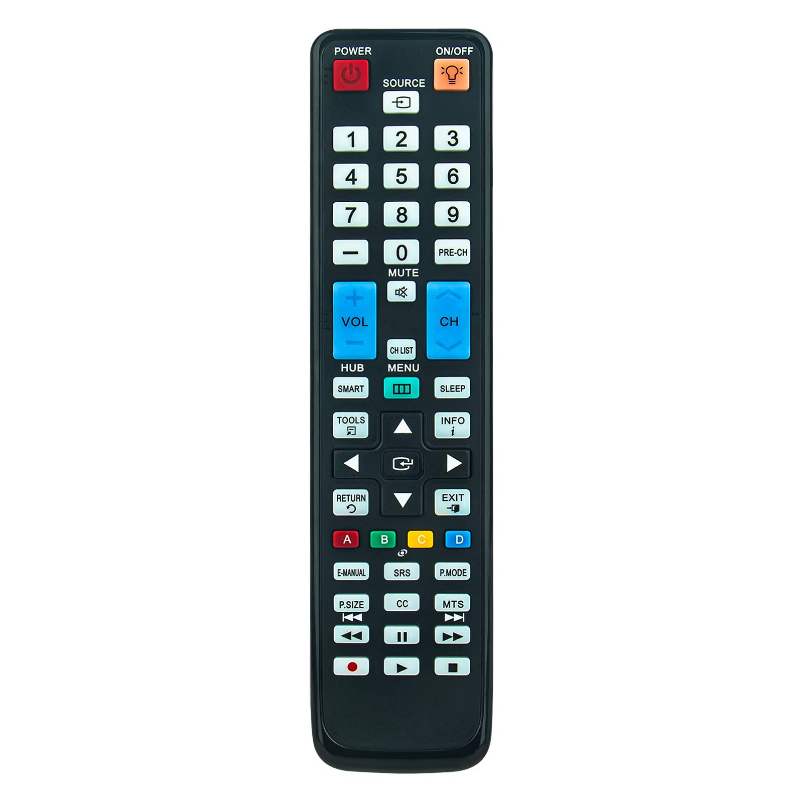 POWER ON/OFF SOURCE : 1 2 3 4 5 6 7 8 9 - + VOL 0 MUTE PRE-CH CH CHLIST HUB MENU SMART SLEEP TOOLS INFO RETURN EXIT A B C D E-MANUAL SRS P.MODE P.SIZE H CC MTS
