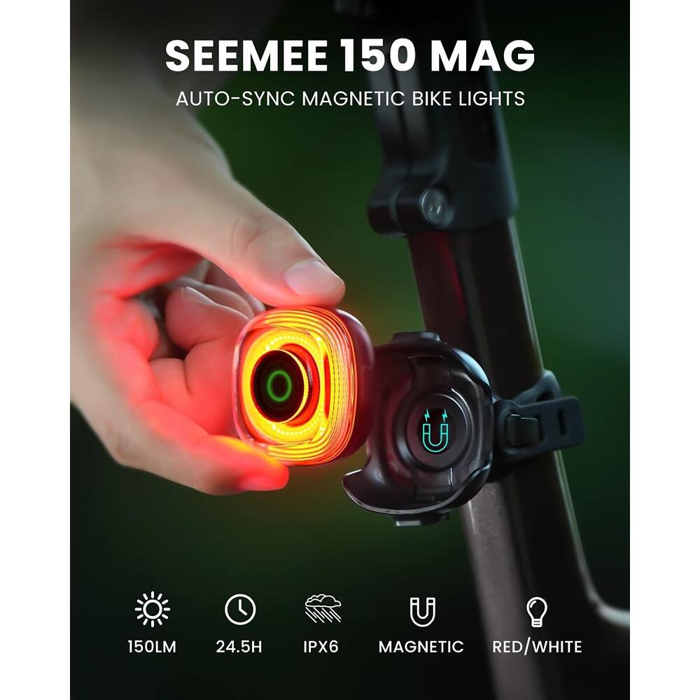 SEEMEE 150 MAG  
AUTO-SYNC MAGNETIC BIKE LIGHTS  

150LM  
24.5H  
IPX6  
MAGNETIC  
RED/WHITE