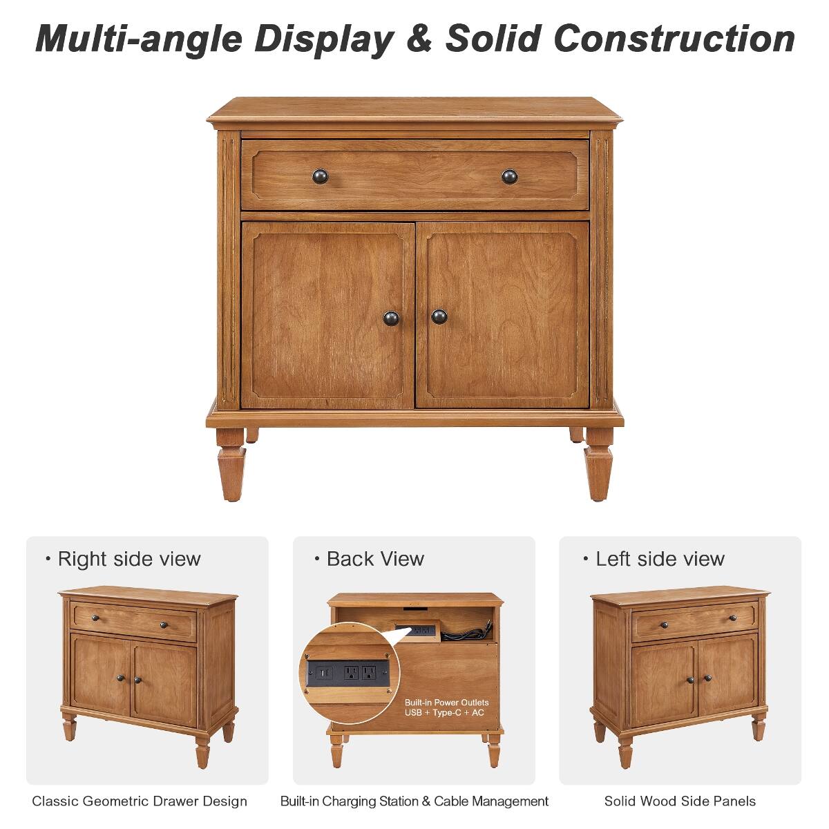 Multi-angle Display & Solid Construction

- Right side view
- Back View
- Left side view

Classic Geometric Drawer Design

Built-in Charging Station & Cable Management
Buit-in Power Outlets USB + Type-C + AC

Solid Wood Side Panels
