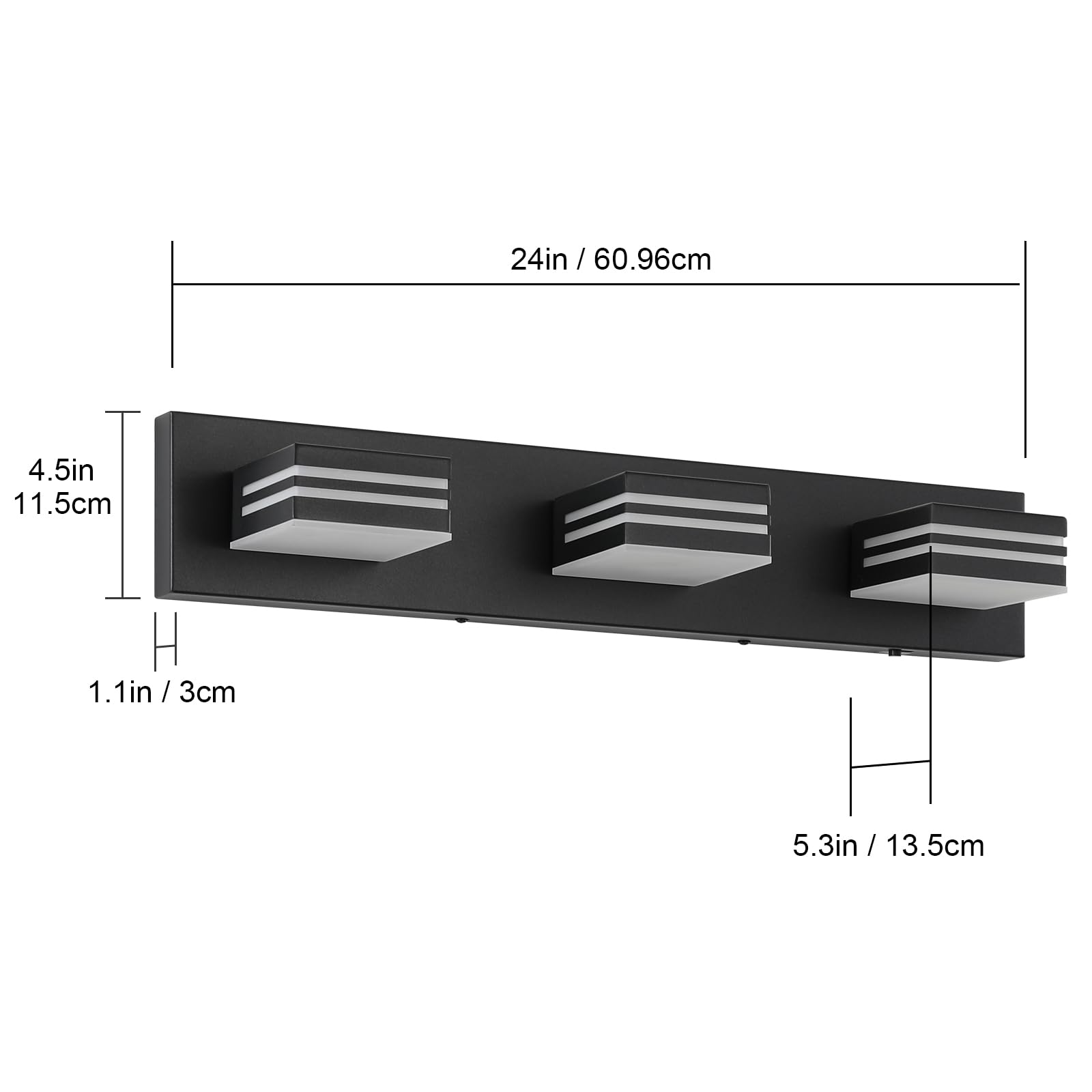 24in / 60.96cm  
4.5in / 11.5cm  
1.1in / 3cm  
5.3in / 13.5cm