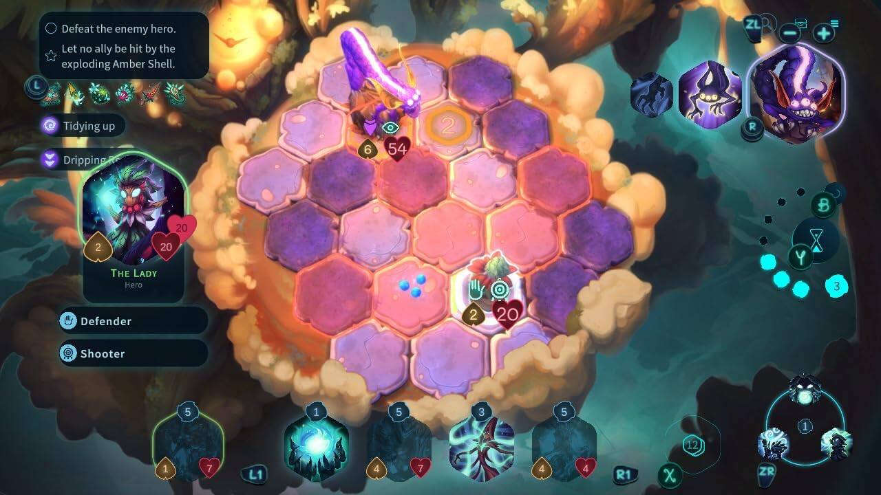 - Defeat the enemy hero.
- Let no ally be hit by the exploding Amber Shell.

- Tidying up
- Dripping

- THE LADY
  - Hero
  - Defender
  - Shooter

- 20
- 54

- L1
- R1
- ZR

- 2
- 5
- 1
- 7
- 4
- 3
- 5
- 1
- 12
- 1