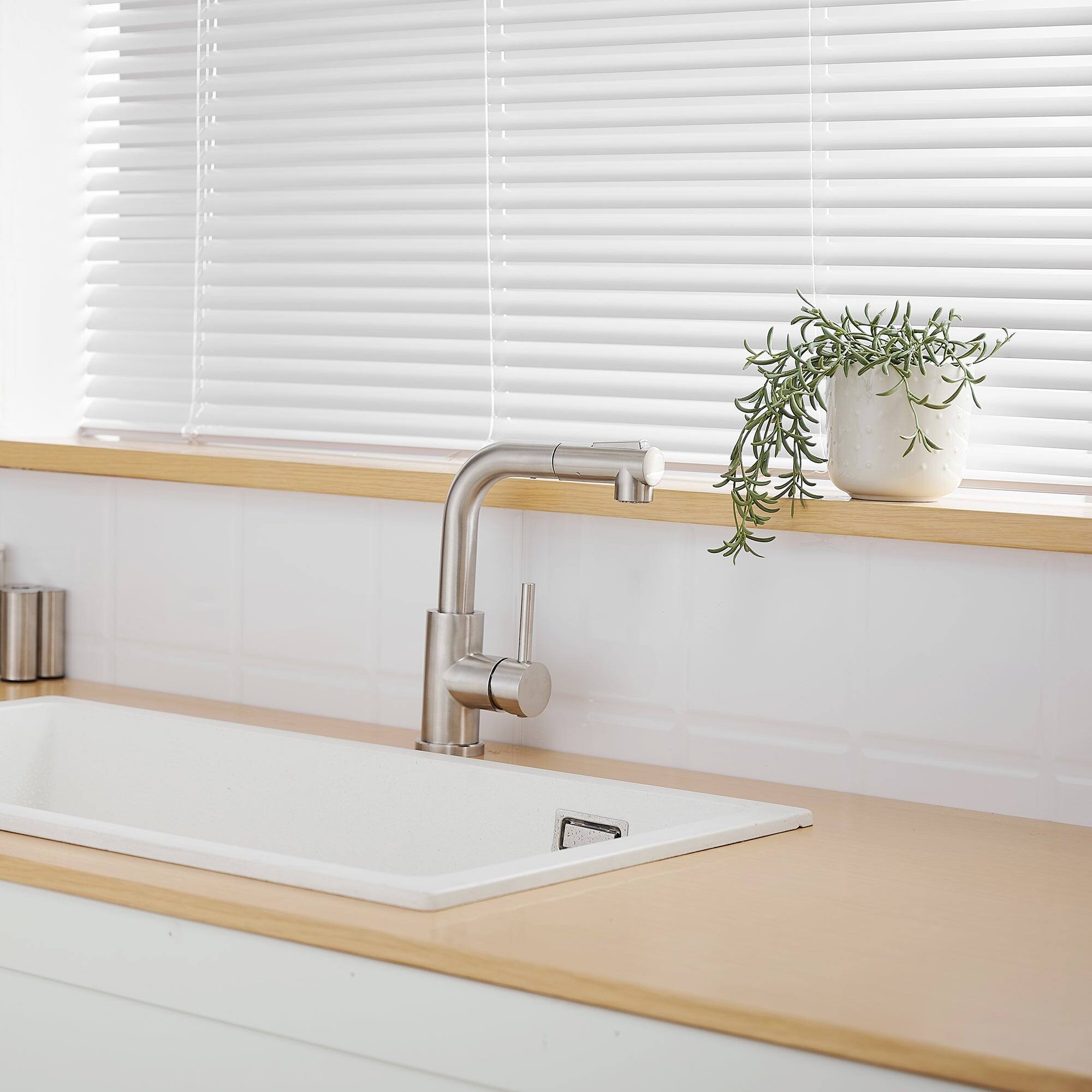 Back. Boyel Living - Brushed Nickel 2 Spray Patterns Stainless Steel Pull Out Kitchen Faucet with Water Supply Hoses - Brushed Nickel.