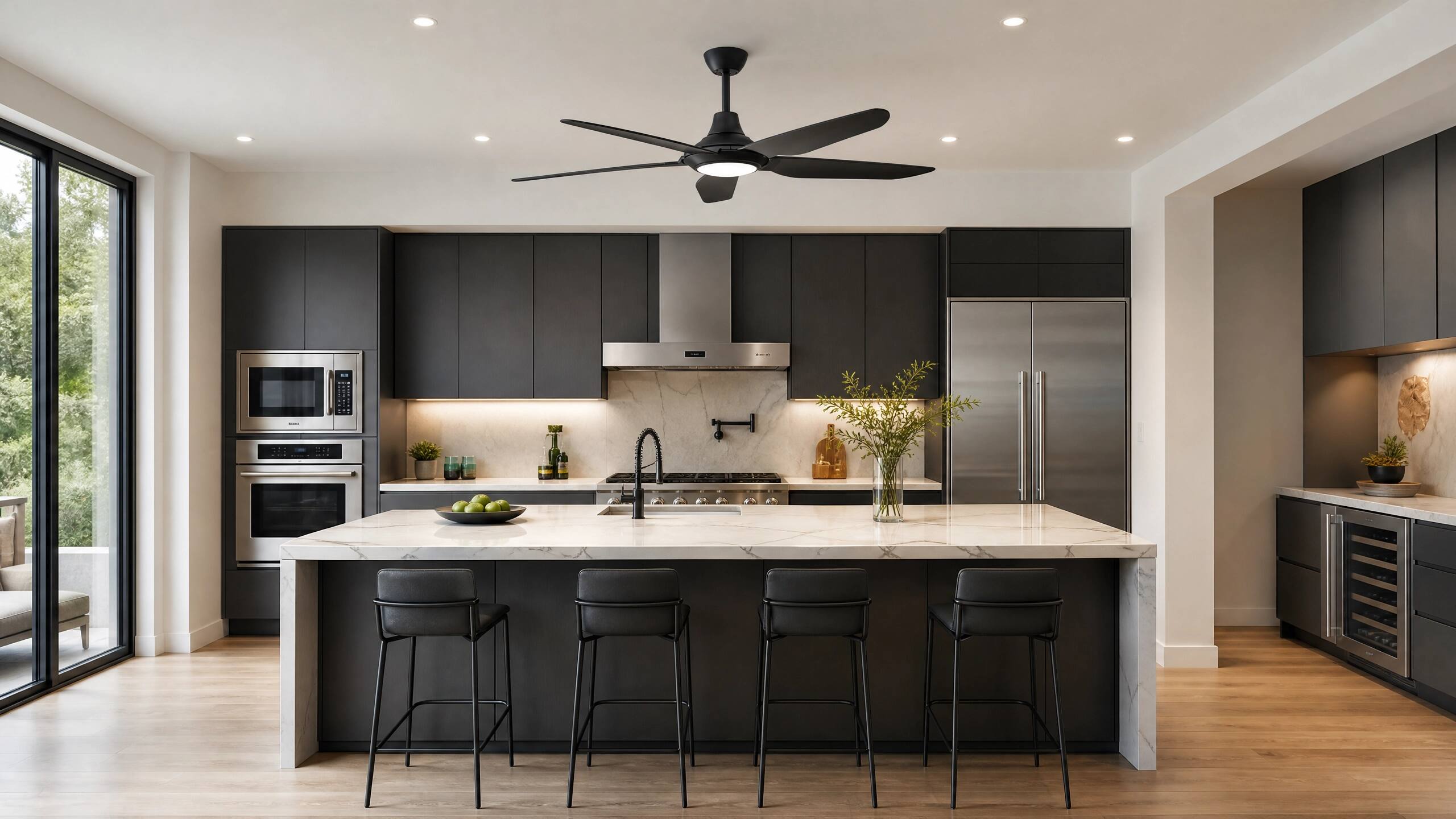 Back. ENLIGHT - 52" Smart Ceiling Fan, IP66 Outdoor/Coastal, CCT & Dimmable LED, Durable, Efficient & Quiet DC Motor, Matter, 5 Blades - Matte Black.