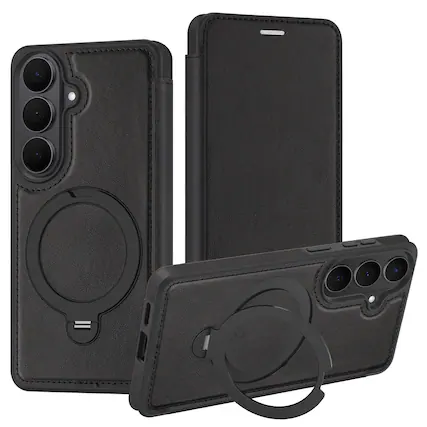 Front. Dteck - For Samsung Galaxy A56 Shockproof Leather RFID Blocking Card Slots Full Protection Mag Safe Case RIng Kickstand - Black.