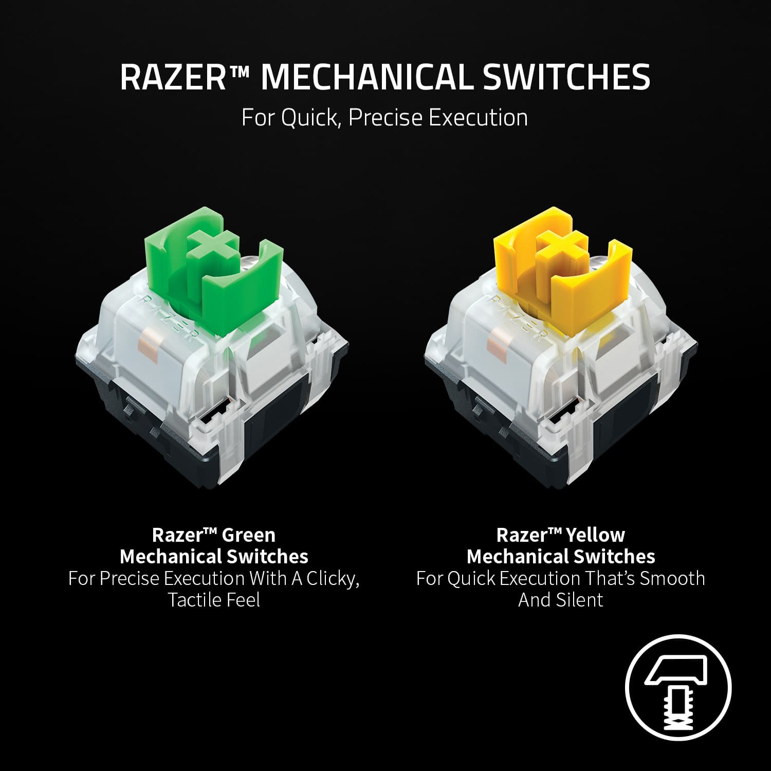 RAZER TM MECHANICAL SWITCHES For Quick, Precise Execution
RZR RazerTM Green Mechanical Switches For Precise Execution With A Clicky, Tactile Feel
RazerTM Yellow Mechanical Switches For Quick Execution That's Smooth And Silent