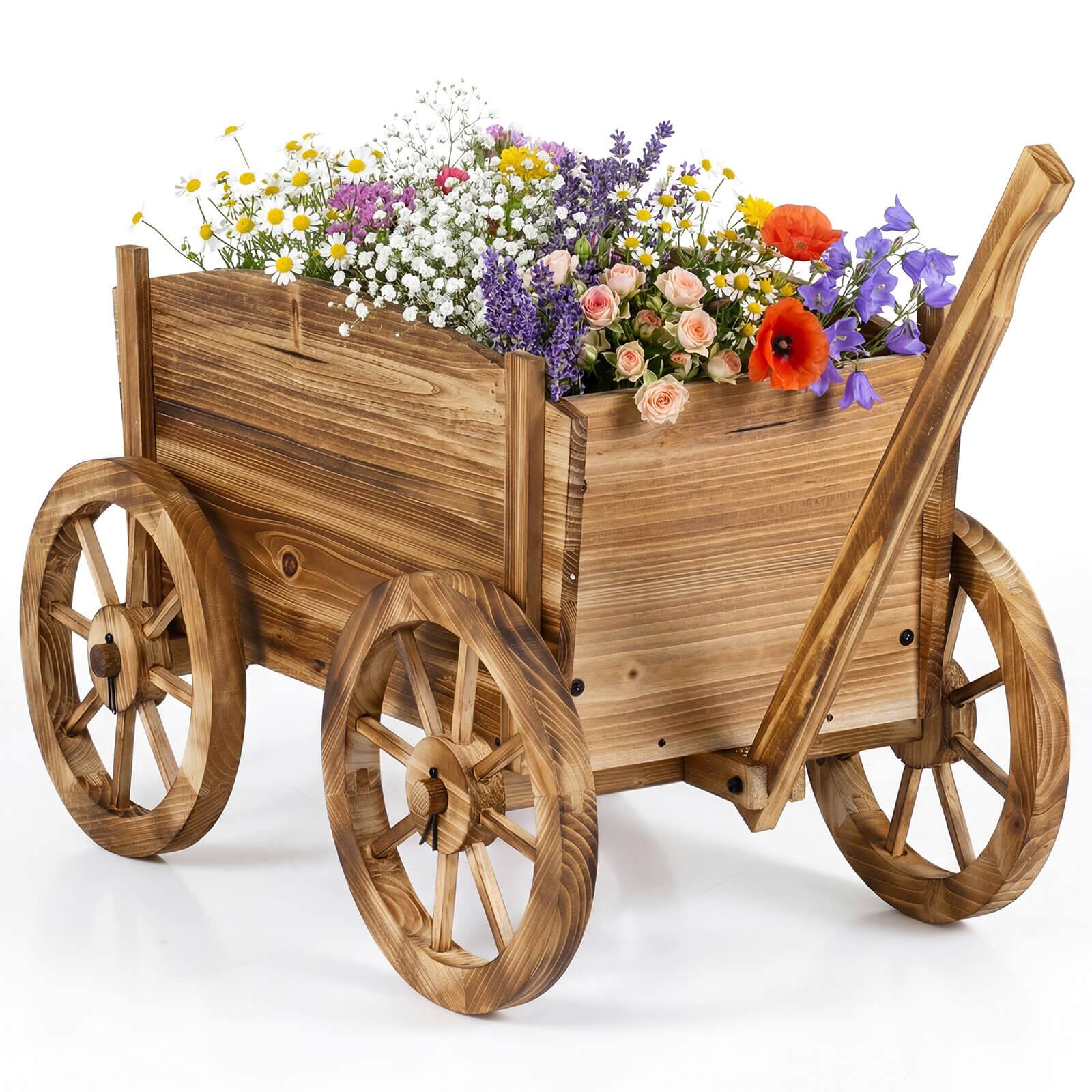 Alt View 9. Costway - Costway 1 PCS Rustic Wood Wagon Planter with Wheels,Handle&Drainage Hole for Patio Balcony Garden - Natural.