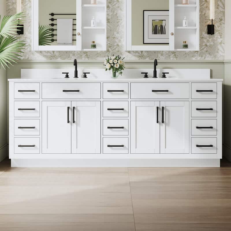 "WELLFOR - 84"" Solid Wood Bathroom Vanity with Double Sink, 4 Soft-Close Doors, 14 Drawers& Cultured Marble Countertop - White" price history on PriceWatchPro