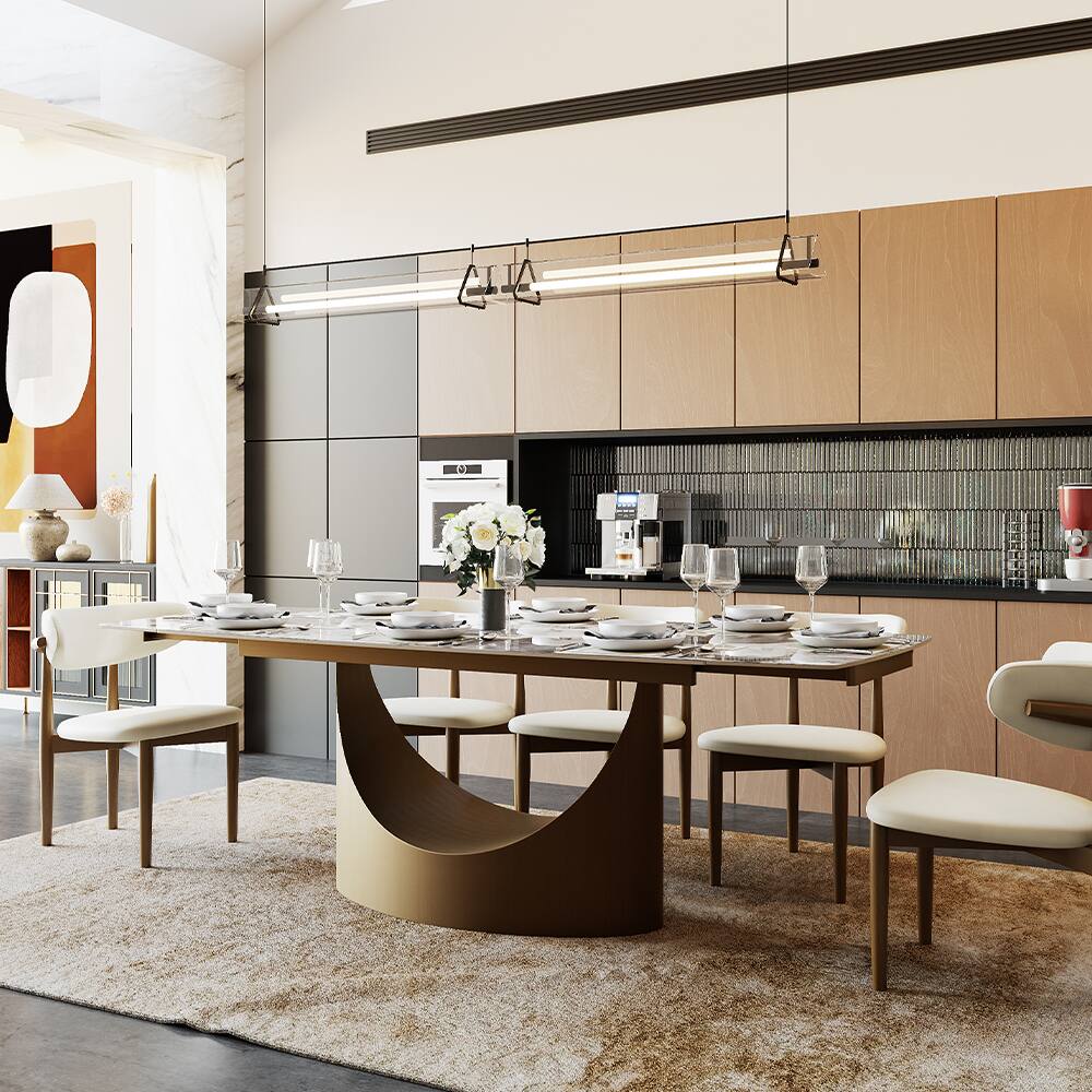 Left. POVISON - 71"-95"Extendable Modern Gold Dining Table for 6-10, Rectangular Glossy Sintered Stone Tabletop, Bronze Carbon Steel Leg - Pandora Sintered Stone with Bronze.