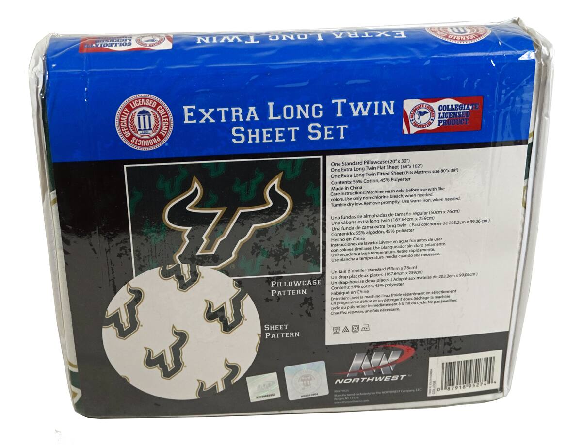 **Extra Long Twin Sheet Set**

**Contents:**
- One Standard Pillowcase (20" x 30")
- One Extra Long Twin Flat Sheet (66" x 102")
- One Extra Long Twin Fitted Sheet (Fits Mattress size 80" x 39")

**Material:**
- 55% Cotton, 45% Polyester

**Care Instructions:**
- Machine wash cold before use with like colors.
- Use only non-chlorine bleach when needed.
- Tumble dry low. Remove promptly.
- Use warm iron when needed.

**Made in China**

**Pillowcase Pattern:**
- One Standard Pillowcase (50cm x 76cm)

**Sheet Pattern:**
- One Extra Long Twin Flat Sheet (167.64cm x 259cm)
- One Extra Long Twin Fitted Sheet (203.2cm x 99.06cm)

**Instructions:**
- Lavado: Lave en agua fría antes de usar con ropa similar.
- Secado: Secar a temperatura media.
- Planchado: Use plancha a temperatura media cuando sea necesario.
- No usar blanqueador