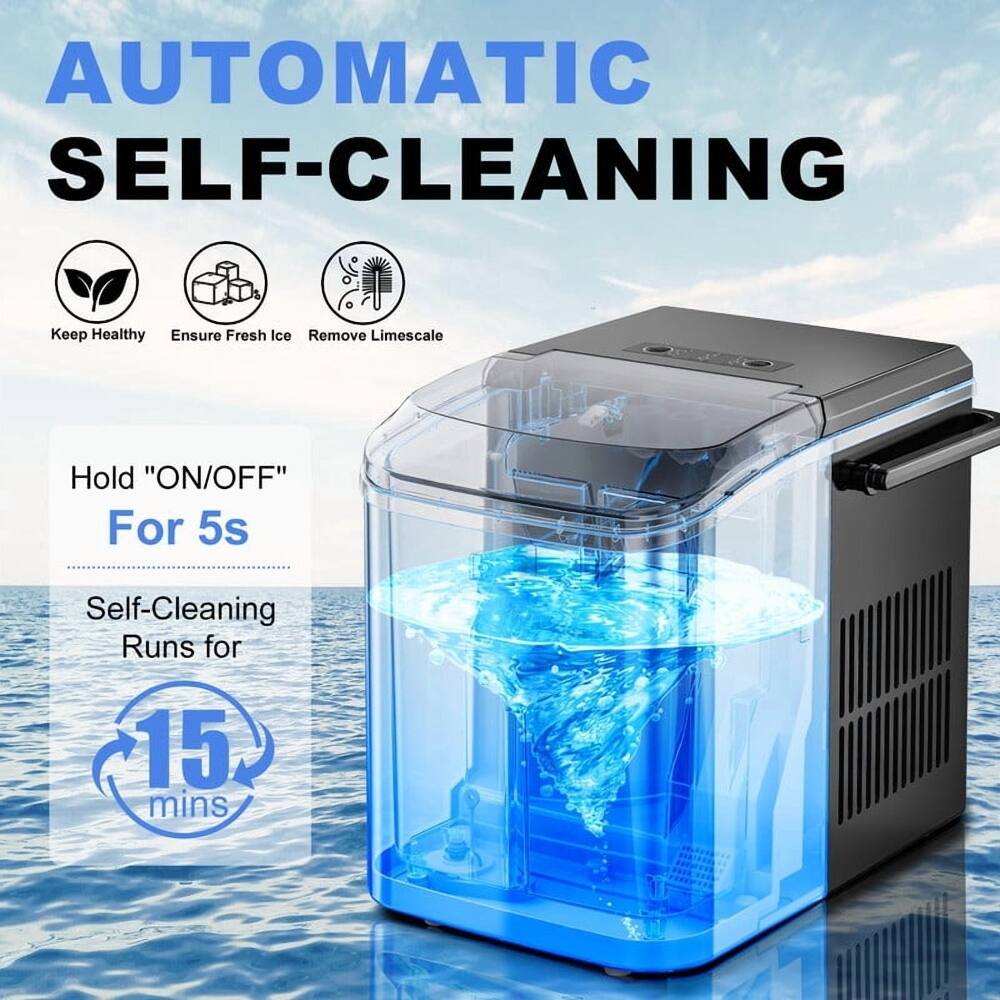 AUTOMATIC SELF-CLEANING

Keep Healthy  
Ensure Fresh Ice  
Remove Limescale

Hold "ON/OFF" For 5s  
Self-Cleaning Runs for 15 mins