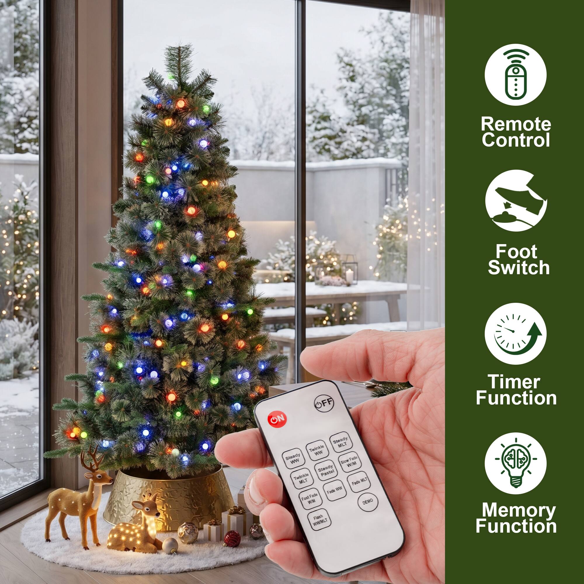 Remote Control  
Foot Switch  
Timer Function  
Memory Function  

OFF ON  
Steady WW  
MLT Twinkie  
Steady WW  
Size Pade  
Steady WM  
Twinkie Pastel  
MLT Fade  
ALT Fade  
WW Fant  
DEMO Flash  
WILT