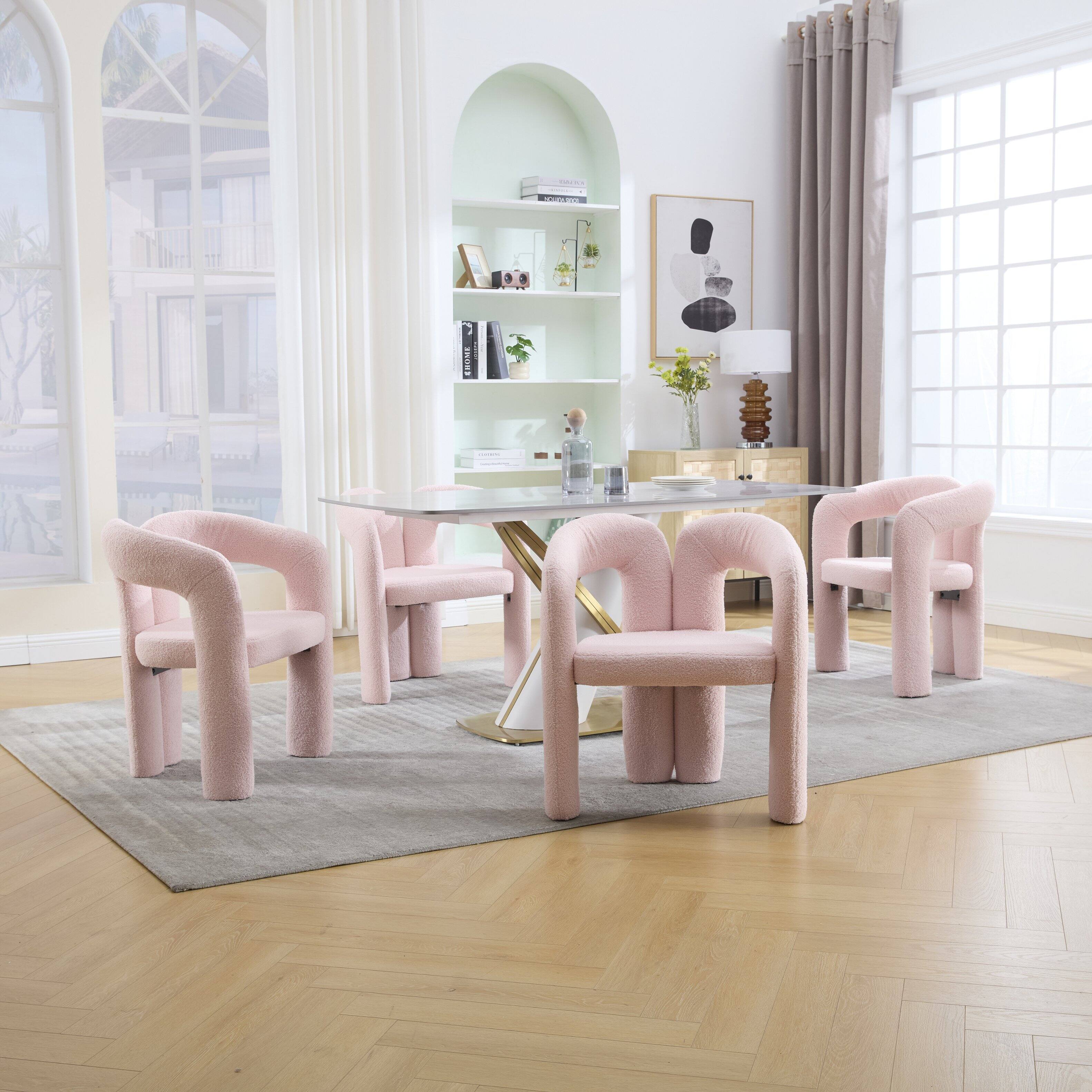 Alt View 4. Trinkets Crazed - Modern Barrel Dining Chairs Set of 2, Teddy Velvet Fabric Upholstered Kitchen  Accent Chairs with Arms/Open Back - Pink.