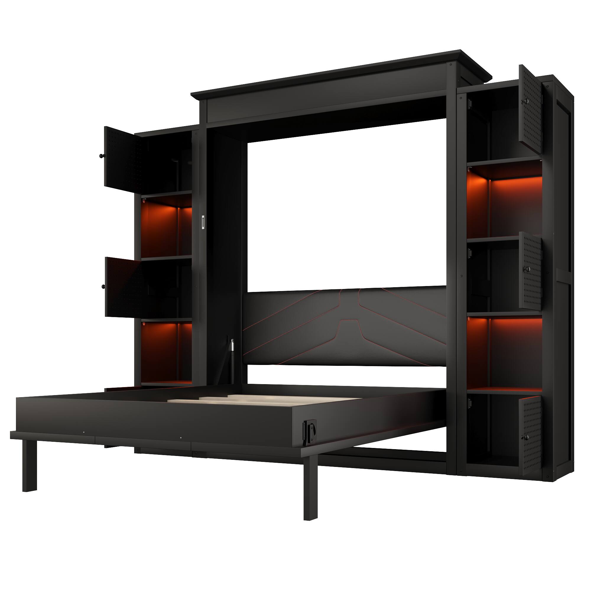 Left. Whisen - Queen-Size Murphy Bed with LED Lights, Storage Shelves, Padded Headboard, Wall-Mounted Foldable Design - Black.