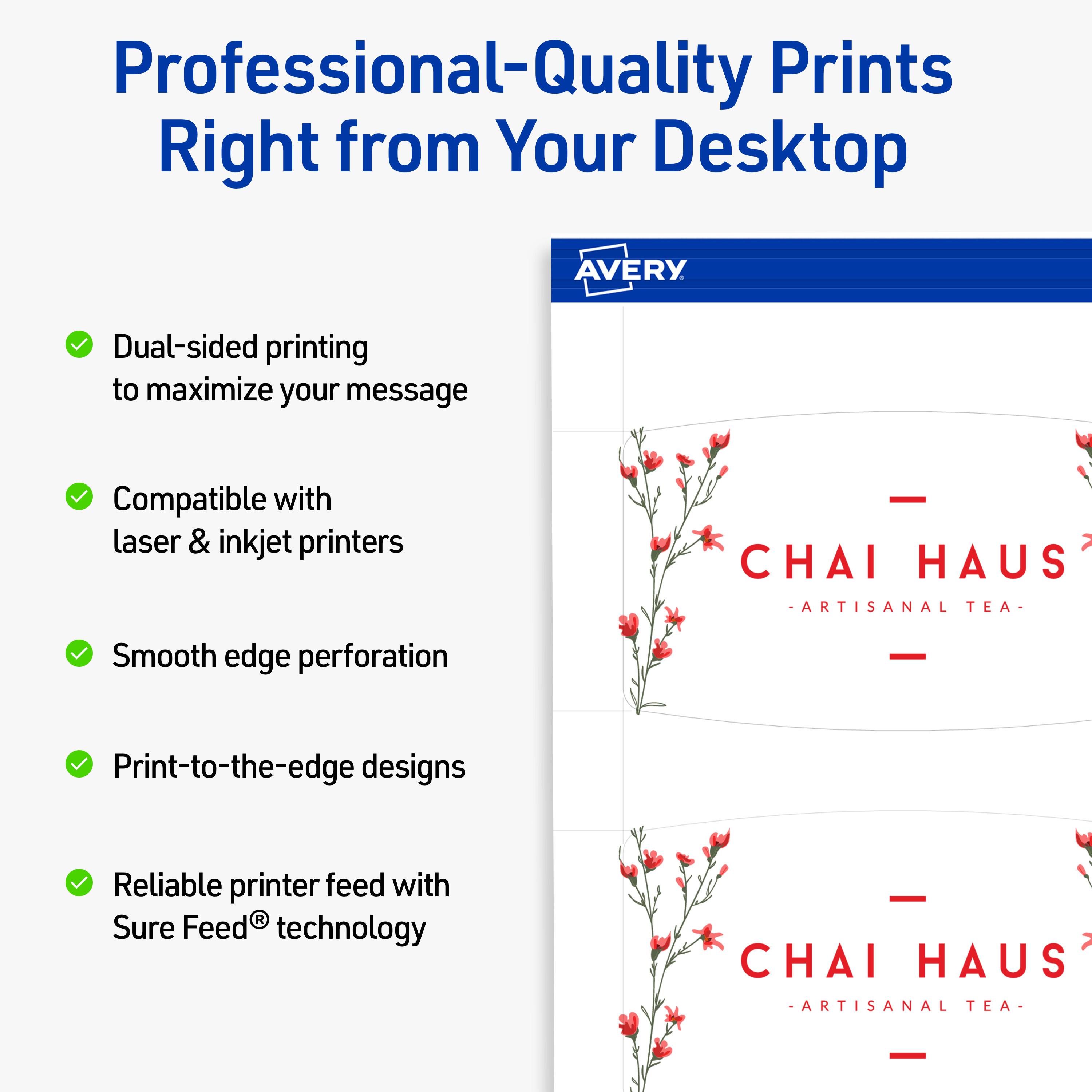 Professional-Quality Prints Right from Your Desktop  
AVERY  

- Dual-sided printing to maximize your message  
- Compatible with laser & inkjet printers  
- Smooth edge perforation  
- Print-to-the-edge designs  
- Reliable printer feed with Sure Feed® technology  

CHAI HAUS - ARTISANAL TEA