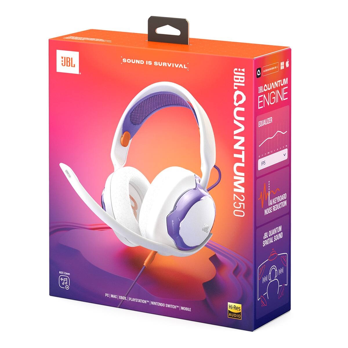 BBL E .mm + C SOUND IS SURVIVAL PC MAC XBOX PLAYSTATION NINTENDO SWITCH MOBILE AI GAN B 0 MUTHAUCJE J8 ENGINE EQUALIZER JBLQUANTUM250 NOISE IAI REDUCTION KEYBOARD V E QUANTUM SOUND SPATIAL A M Hi-Res AUDIO