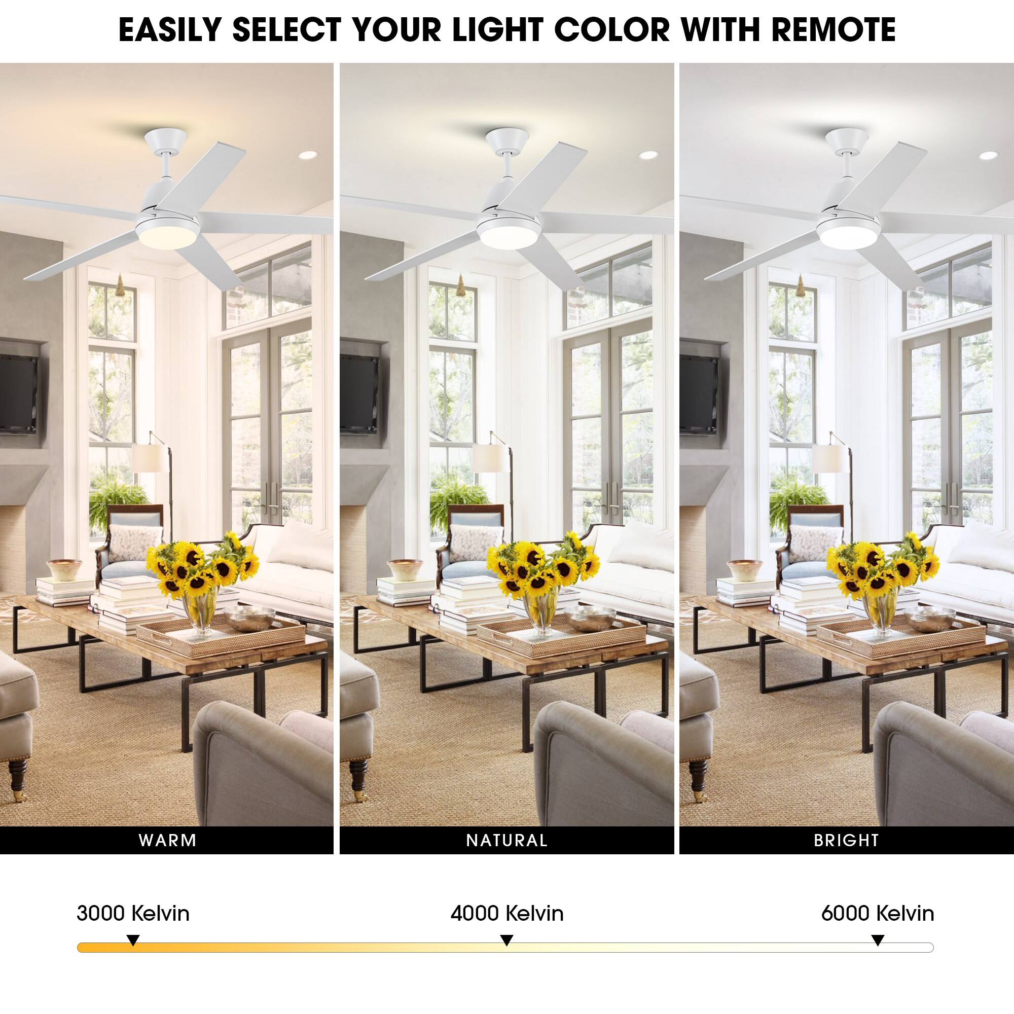 EASILY SELECT YOUR LIGHT COLOR WITH REMOTE

WARM  
3000 Kelvin

NATURAL  
4000 Kelvin

BRIGHT  
6000 Kelvin