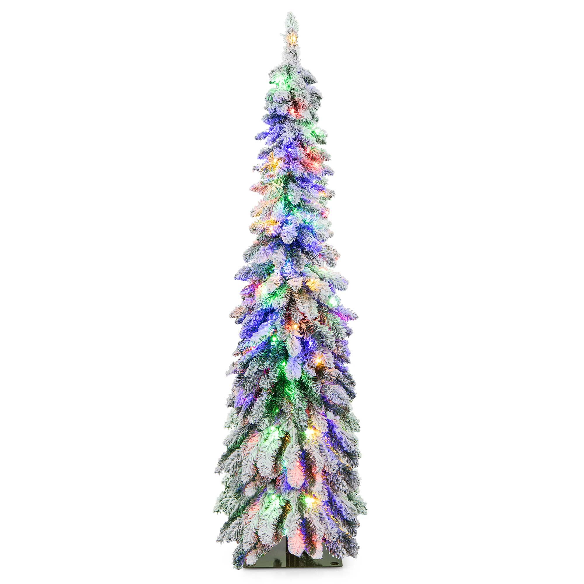 Costway - 5 FT Pre-Lit Slim Christmas Tree Flocked Xmas Decoration 11 Modes 150 LED Lights - Green /White