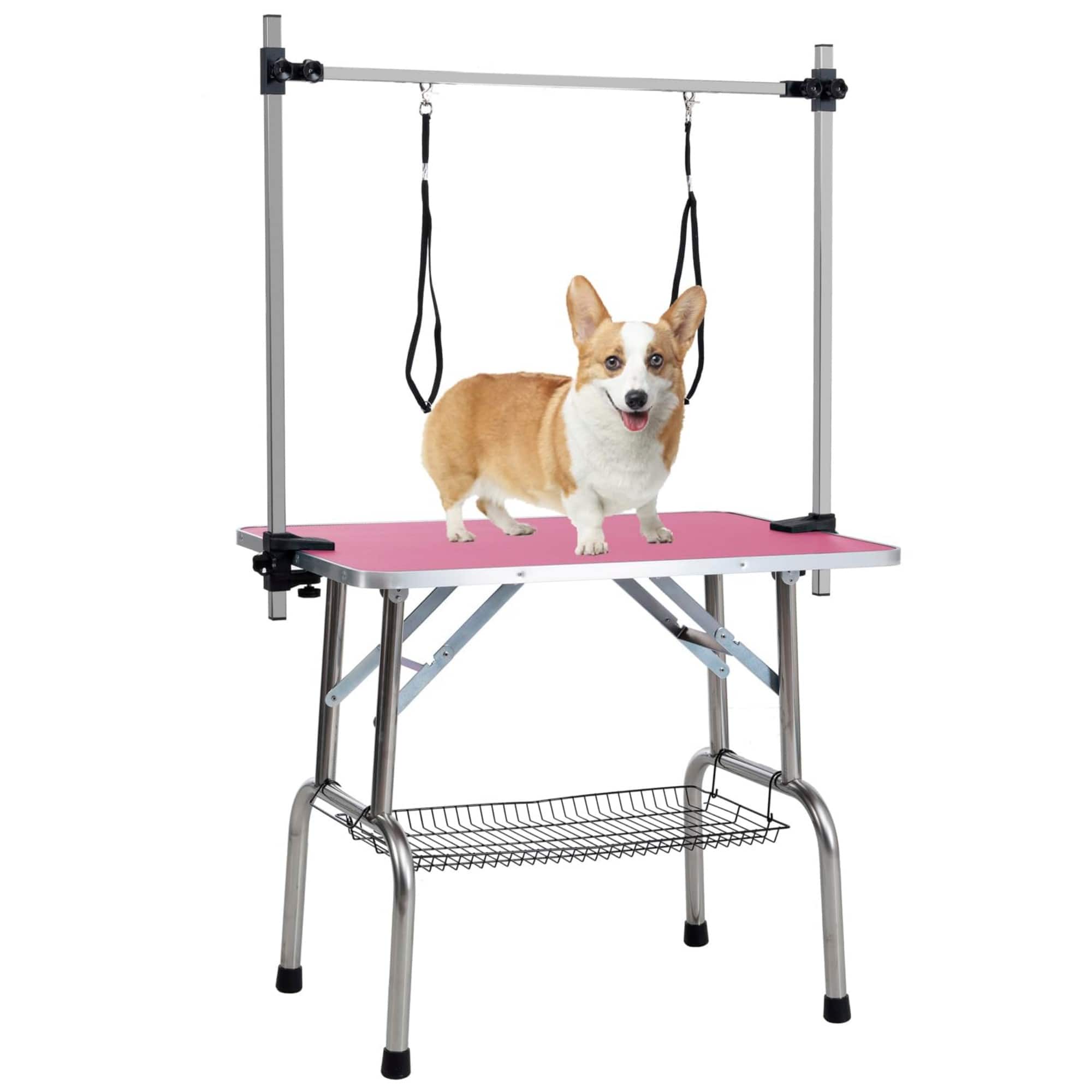 Glintex - 46" Stainless steel Folding Pet Grooming Table,Dressing Table,Adjustable Arm and Storage Basket for Home and Pet Salon
