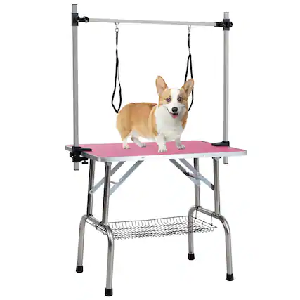 Front. Glintex - 46" Stainless steel Folding Pet Grooming Table,Dressing Table,Adjustable Arm and Storage Basket for Home and Pet Salon.