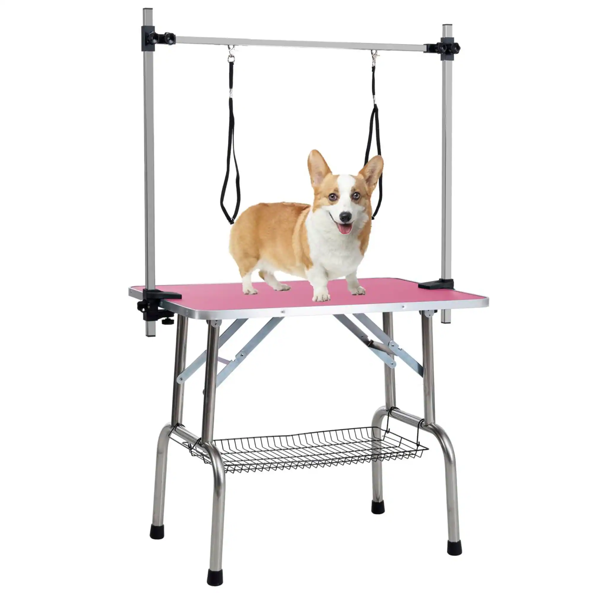 Glintex - 46" Stainless steel Folding Pet Grooming Table,Dressing Table,Adjustable Arm and Storage Basket for Home and Pet Salon