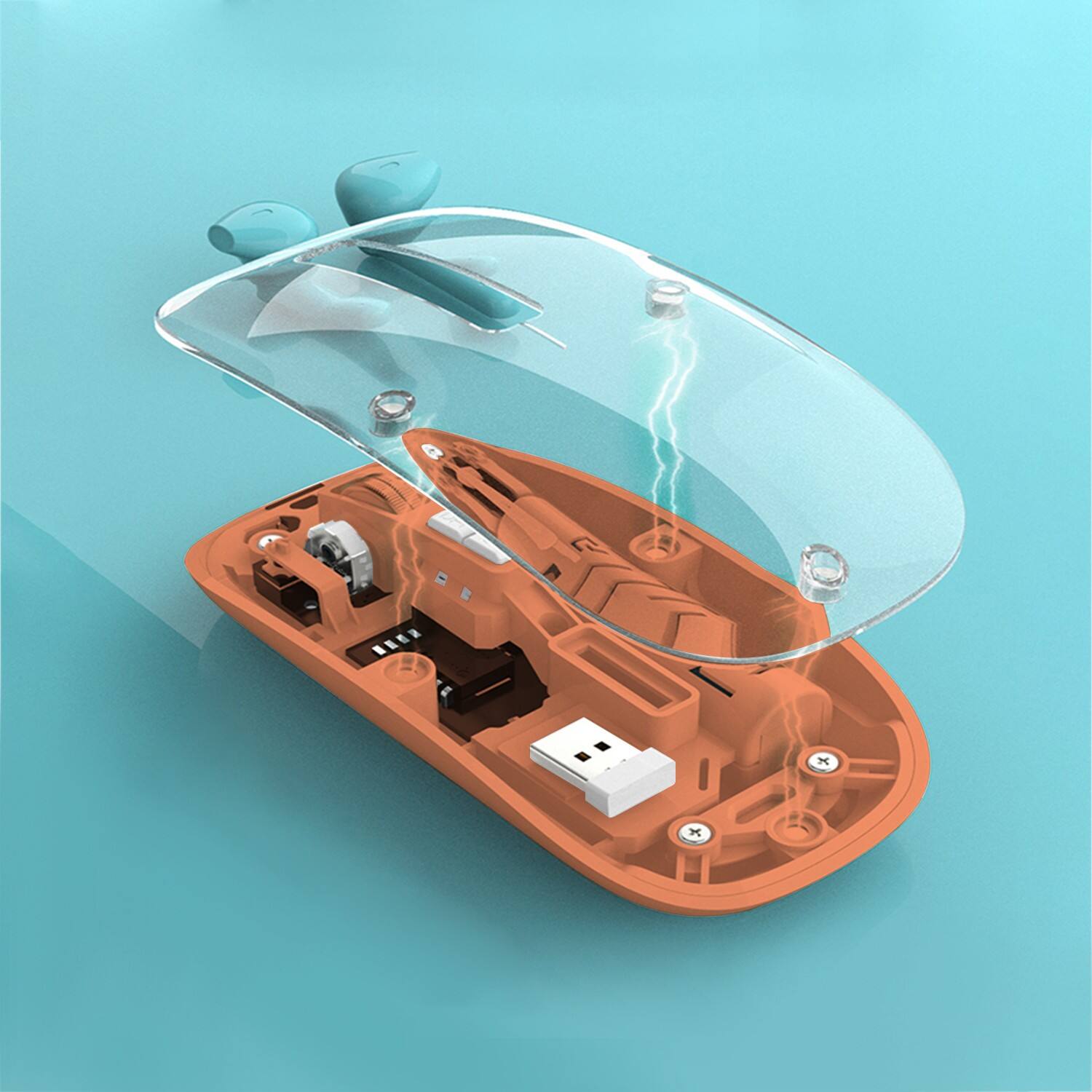 Angle. SaharaCase - Wireless Mouse | Transparent Shell | Rechargable Battery | USB & Type C Adapter | Glacier Series - Orange.