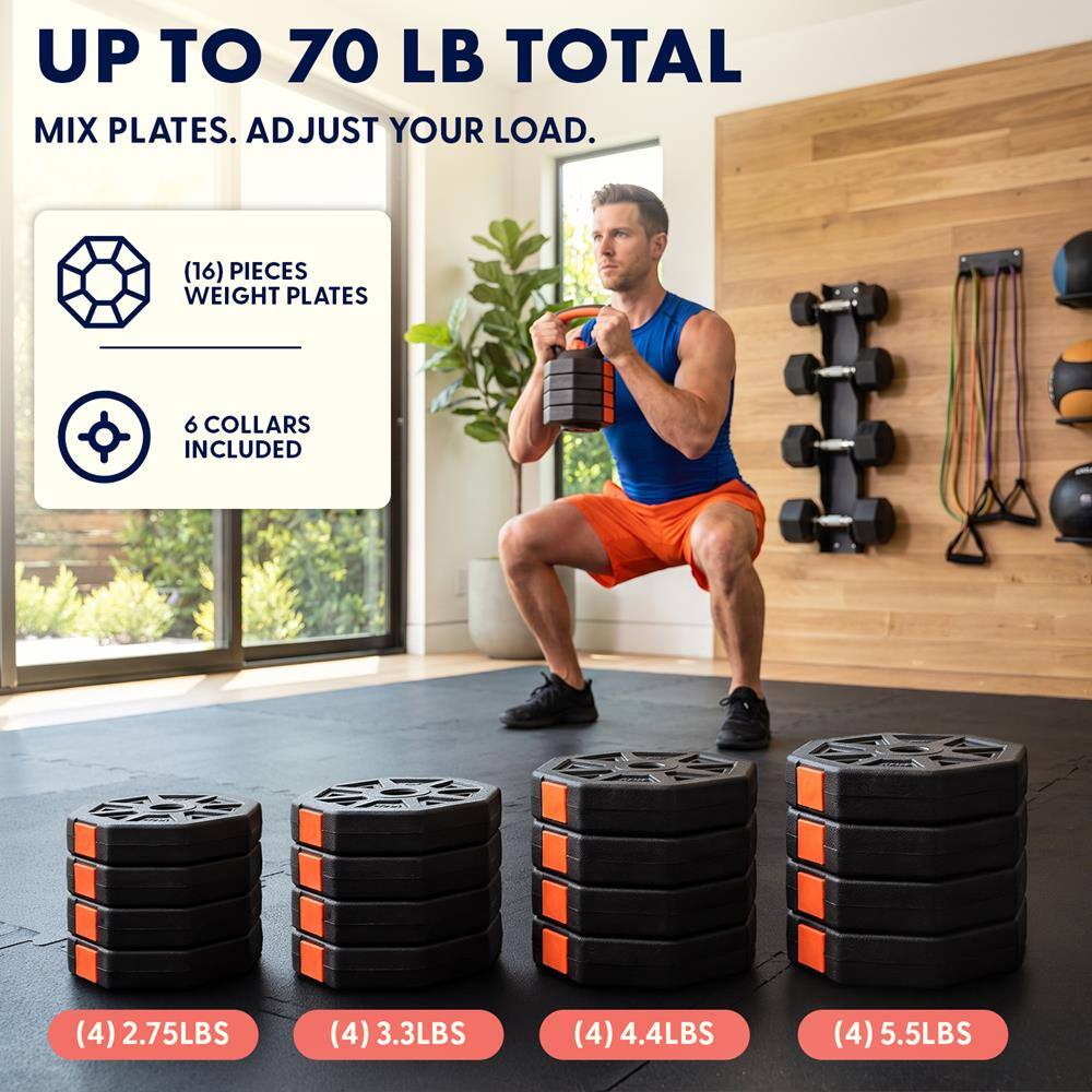 UP TO 70 LB TOTAL MIX PLATES. ADJUST YOUR LOAD.

(16) PIECES WEIGHT PLATES
6 COLLARS INCLUDED
(4) 2.75LBS
(4) 3.3LBS
(4) 4.4LBS
(4) 5.5LBS