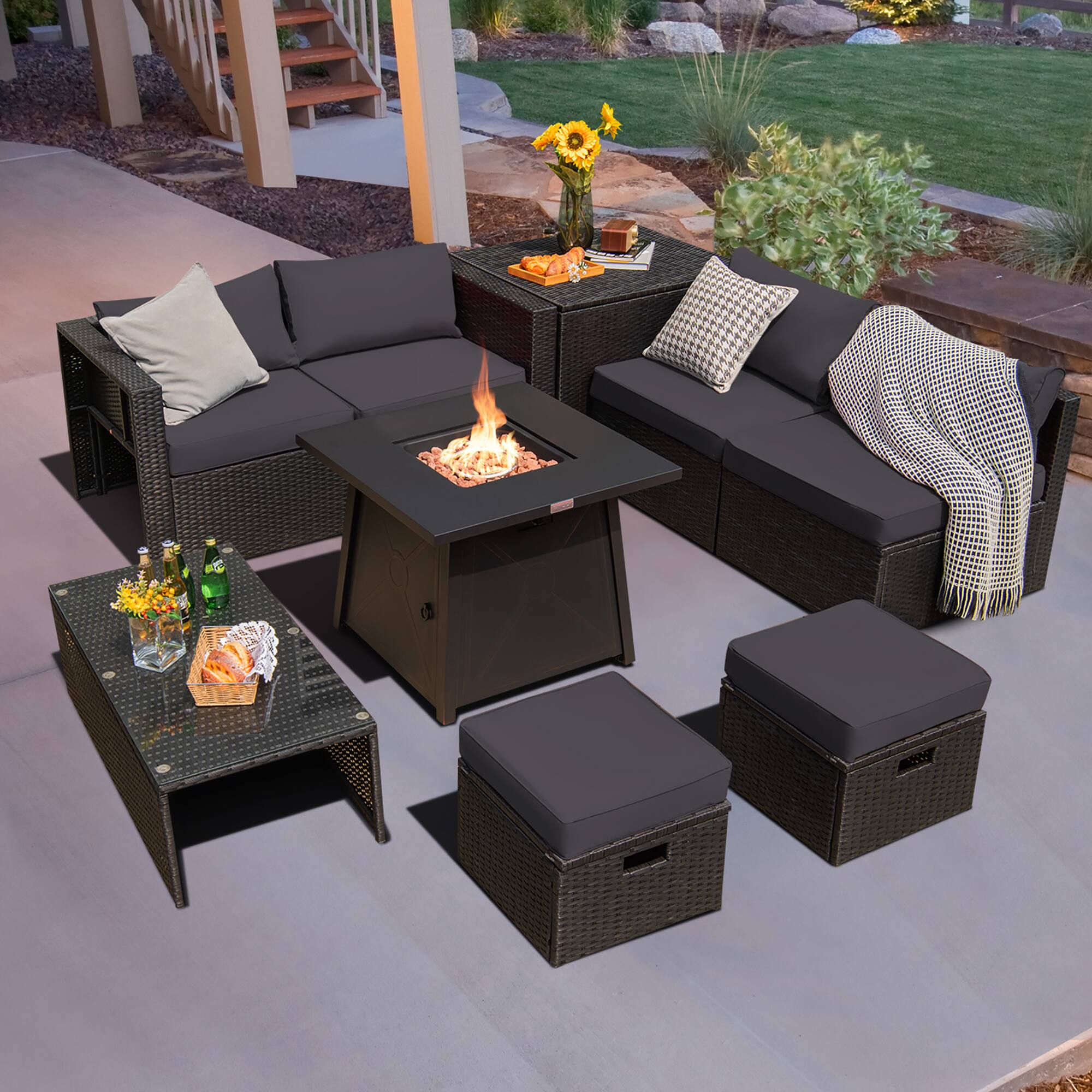 Alt View 1. Costway - Costway 9PCS Patio Rattan Furniture Set Fire Pit Space-saving W/Cover Grey Cushion cover - Grey.