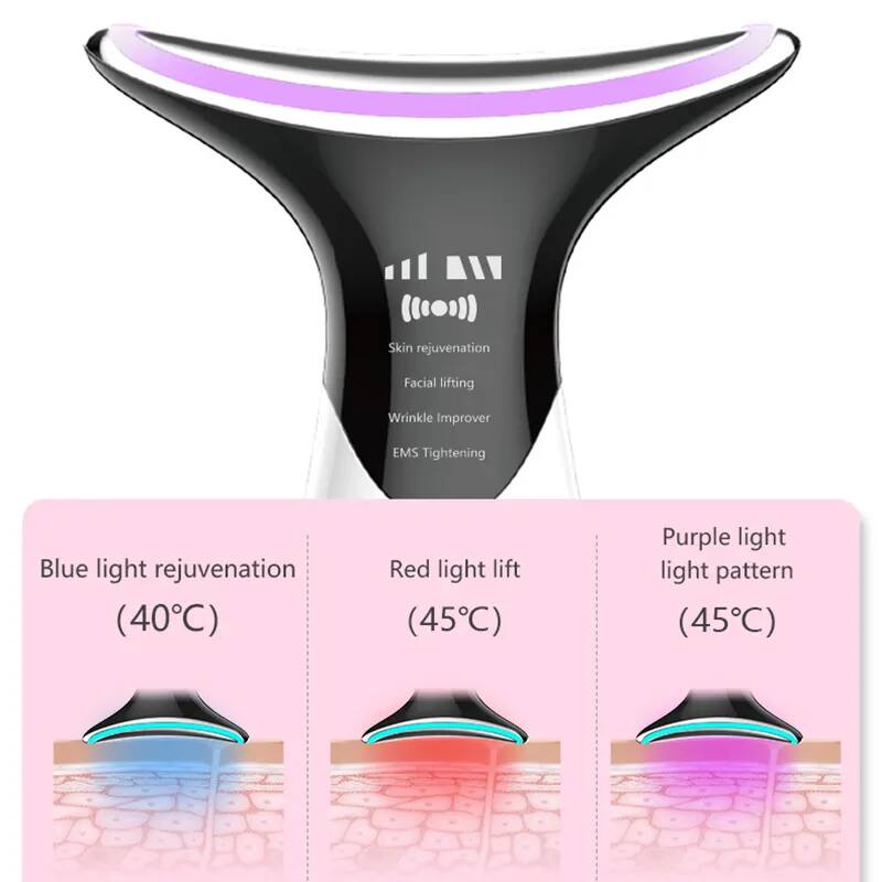 Skin rejuvenation  
Facial lifting  
Wrinkle Improver  
EMS Tightening  
Blue light rejuvenation (40°C)  
Red light lift (45°C)  
Purple light light pattern (45°C)