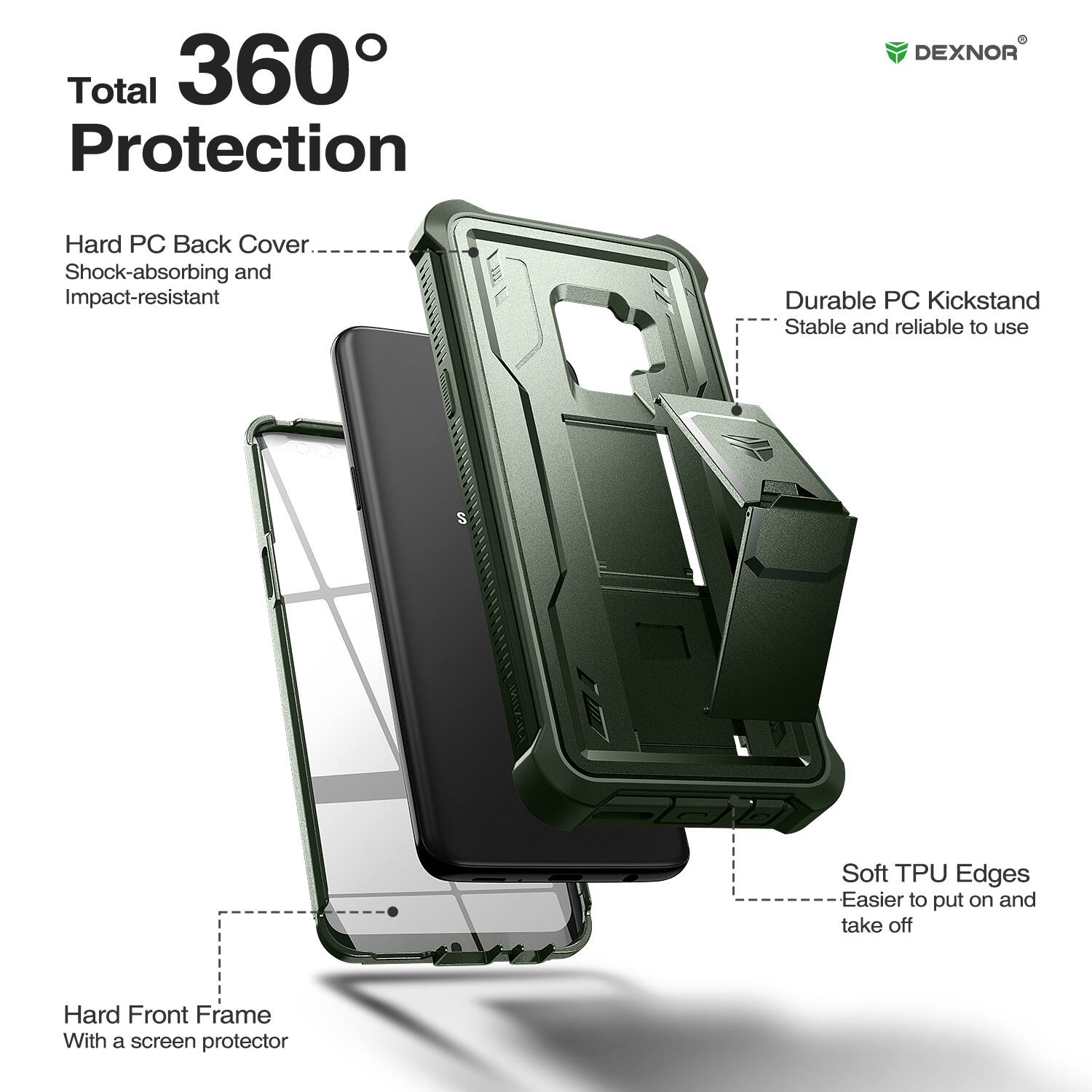 Total 360° Protection

- Hard PC Back Cover
  - Shock-absorbing and Impact-resistant

- Durable PC Kickstand
  - Stable and reliable to use

- Soft TPU Edges
  - Easier to put on and take off

- Hard Front Frame
  - With a screen protector