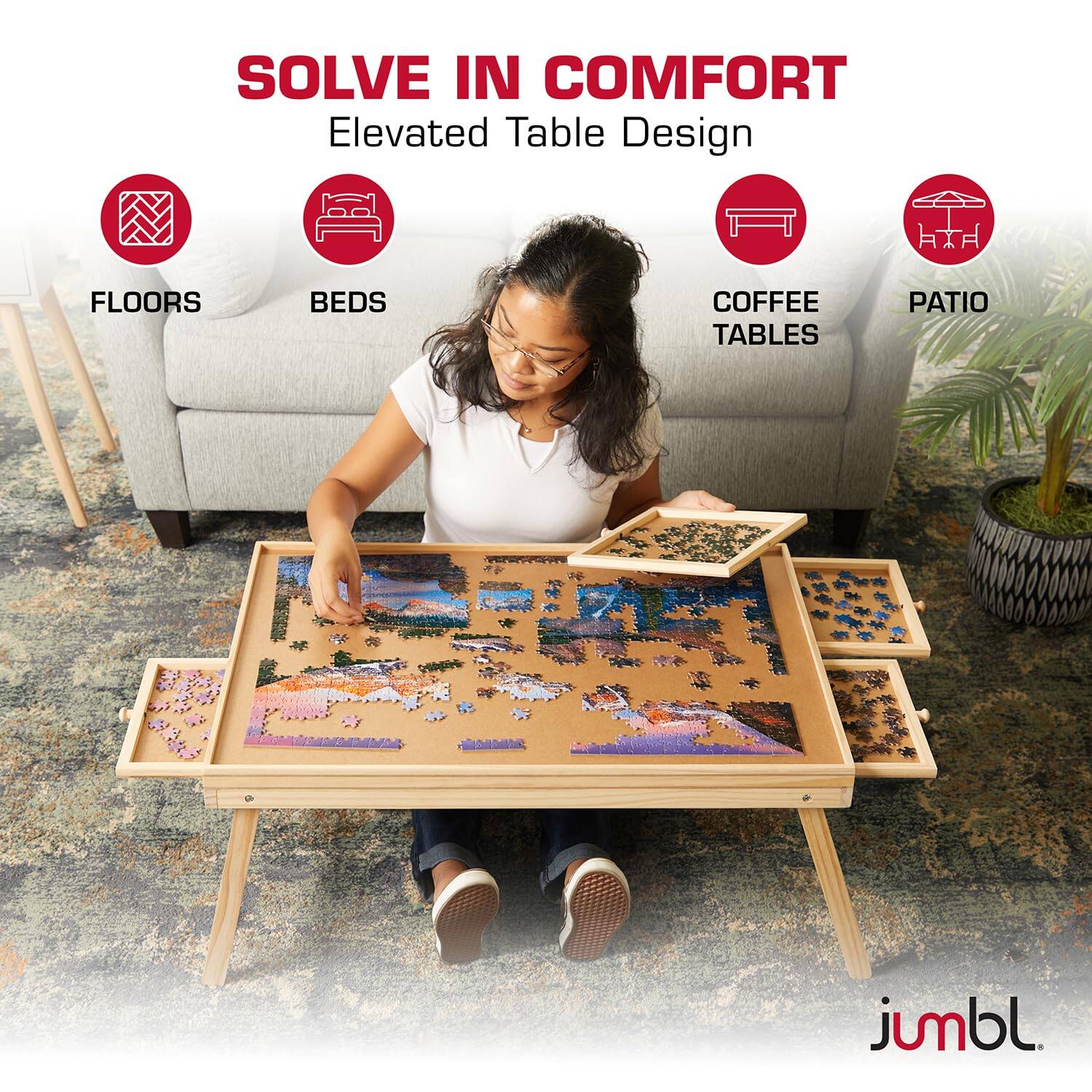 Jumbl 1000 Piece Puzzle Board with Drawers, Foldable Legs & Cover
