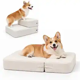 PawsPik - 2-in-1 Foldable Cushion & Dog & Cat Stair, Beige - White