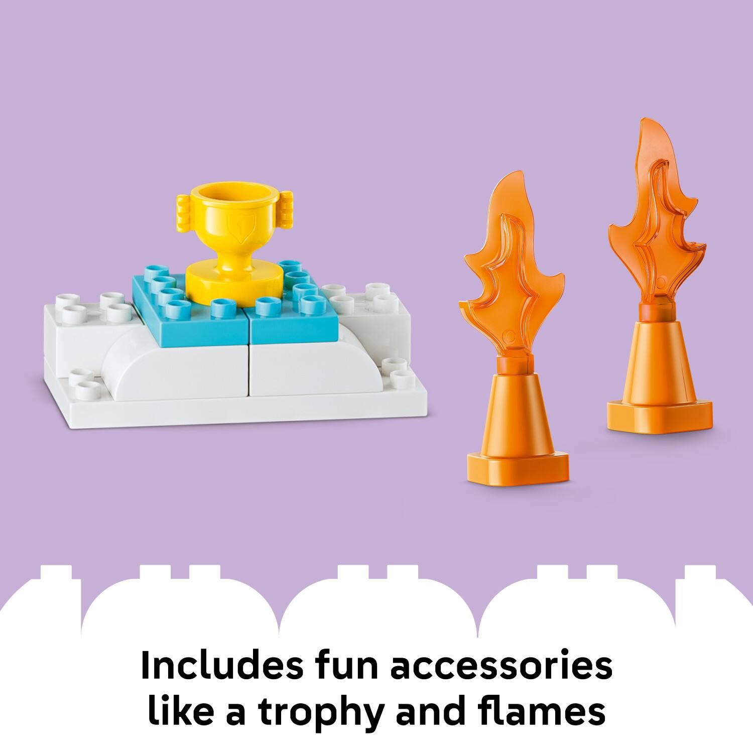 Includes fun accessories like a trophy and flames