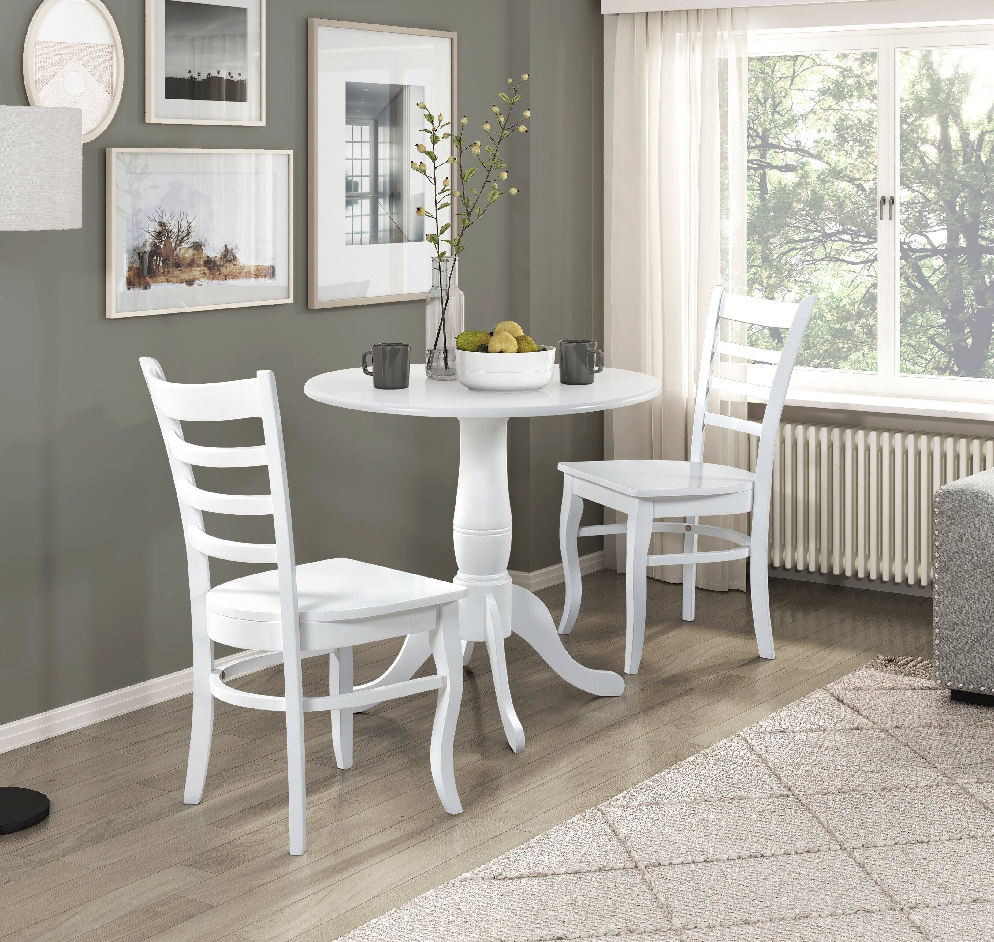 Front. TinyHomie - White 3pc Set Round Table and Two Chairs Set Wooden Ladder-Back Casual Farmhouse Style Kitchen Dining Room Furniture - White.