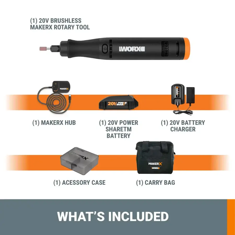 (1) 20V Brushless Makerx Rotary Tool (1) Makerx Hub (1) 20V Power ShareTM Battery (1) 20V Battery Charger - Ssamerox Maker Worx (1) Accessory Case (1) Carry Bag