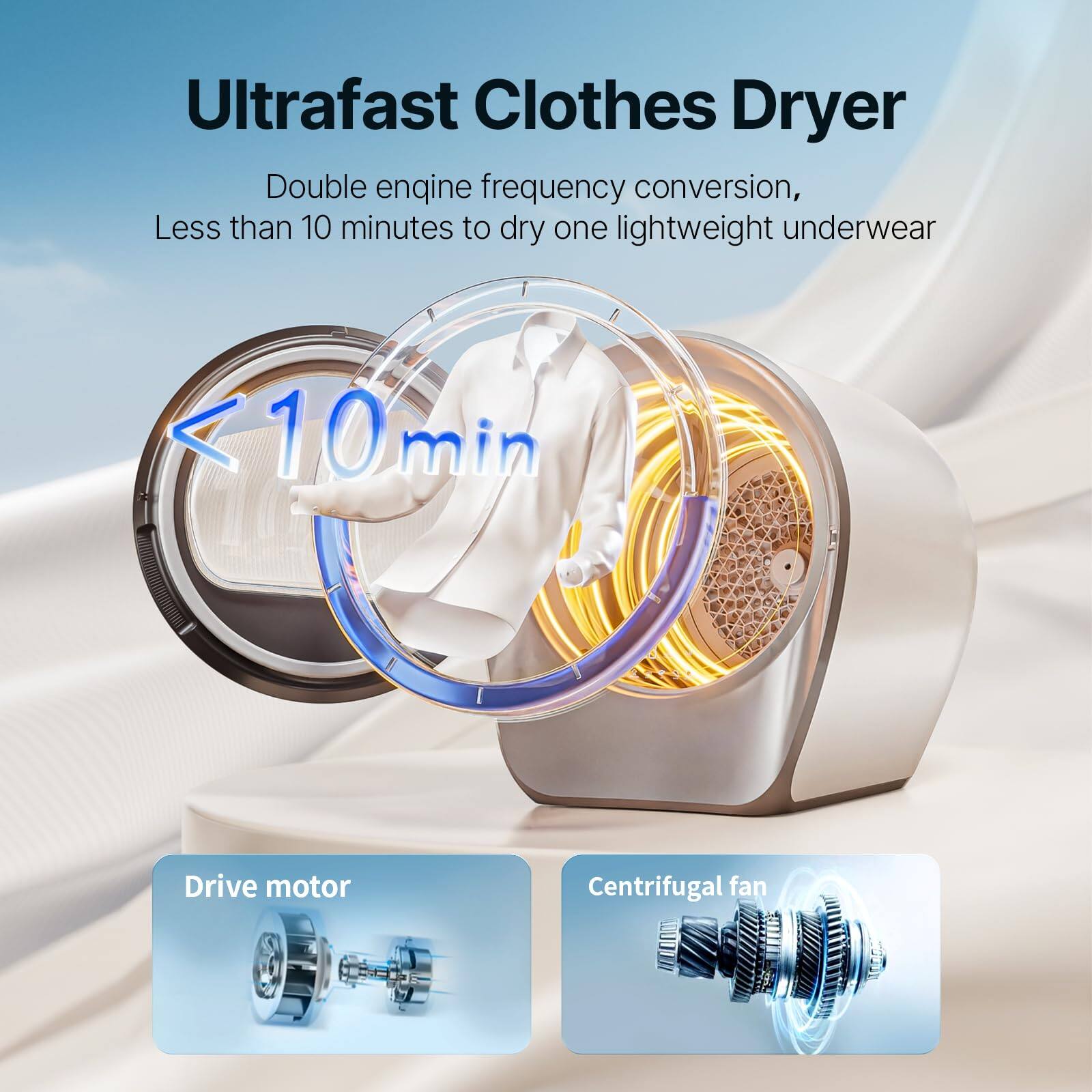 Ultrafast Clothes Dryer

Double engine frequency conversion, Less than 10 minutes to dry one lightweight underwear

<10 min

Drive motor

Centrifugal fan
