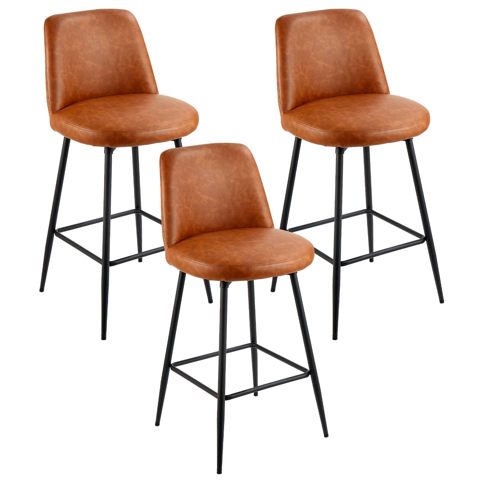 Front. VEVOR - Set of 3 Counter Height Swivel Bar Stools, 27-Inch Modern PU Leather Chairs with Backrest and Metal Legs, Armless Design - Brown.