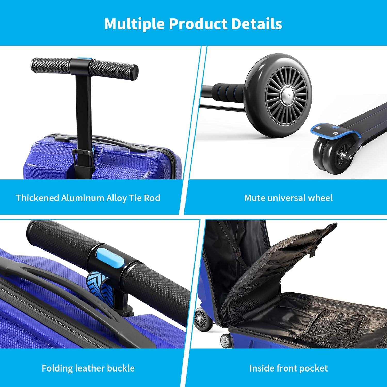 Multiple Product Details

- Thickened Aluminum Alloy Tie Rod
- Mute universal wheel
- Folding leather buckle
- Inside front pocket