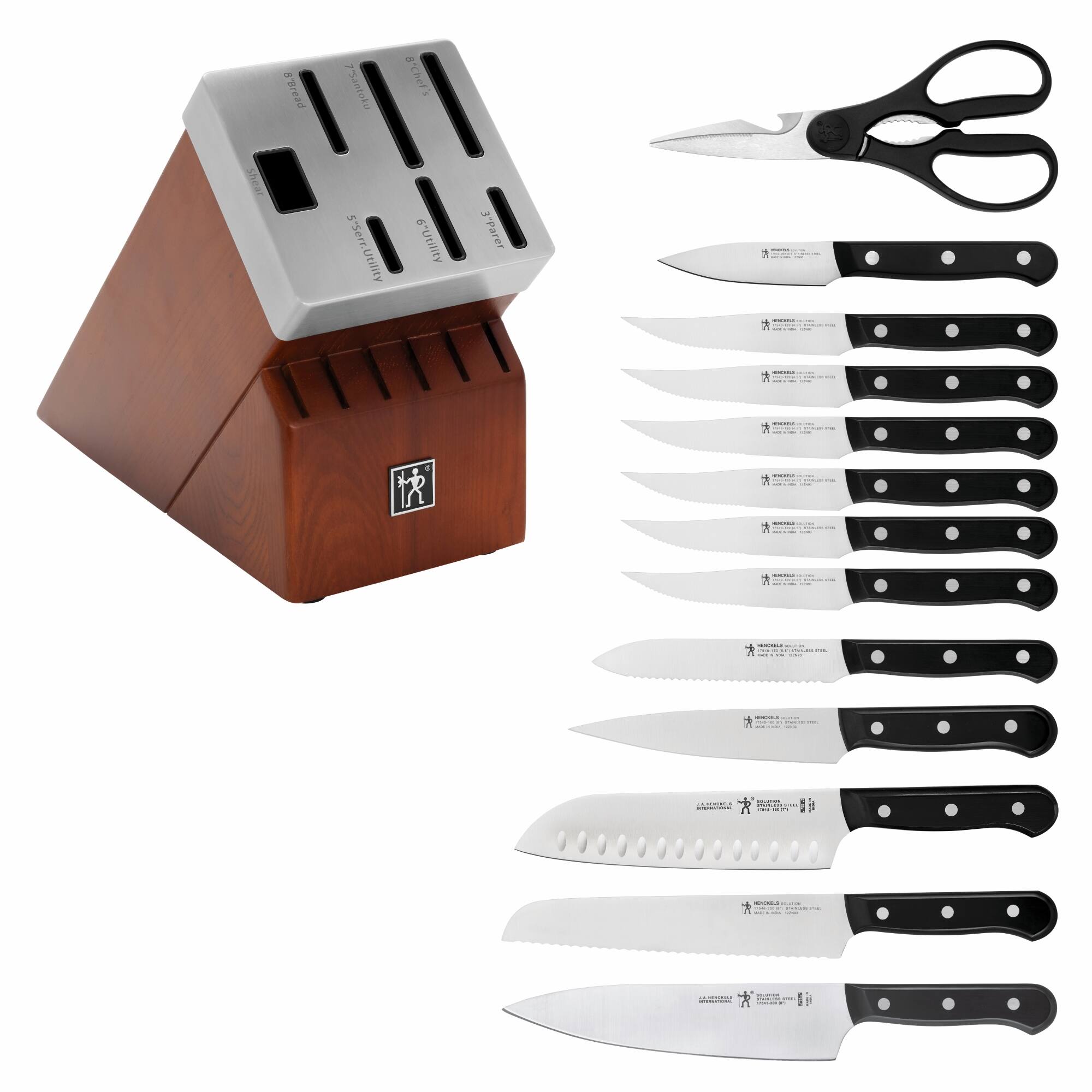 The text on the image reads:

"Utility Shear
Paring Knife
Serrated Utility Knife
Serrated Bread Knife
Serrated Steak Knife
Serrated Poultry Knife
Serrated Sandwich Knife
Serrated Cheese Knife
Serrated Fruit Knife
Serrated Vegetable Knife
Serrated Prep Knife
Serrated Serrated Knife"