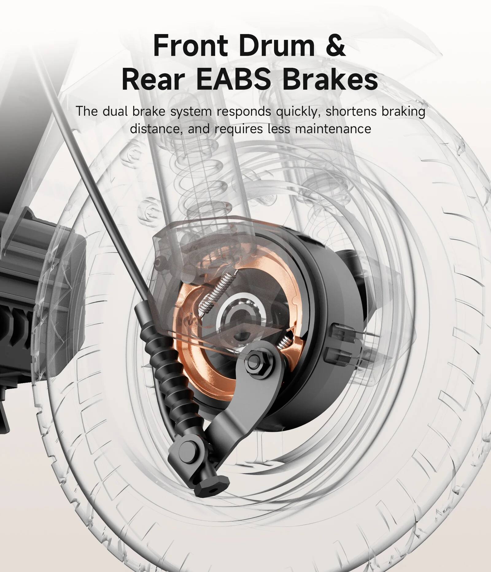 Front Drum & Rear EABS Brakes

The dual brake system responds quickly, shortens braking distance, and requires less maintenance