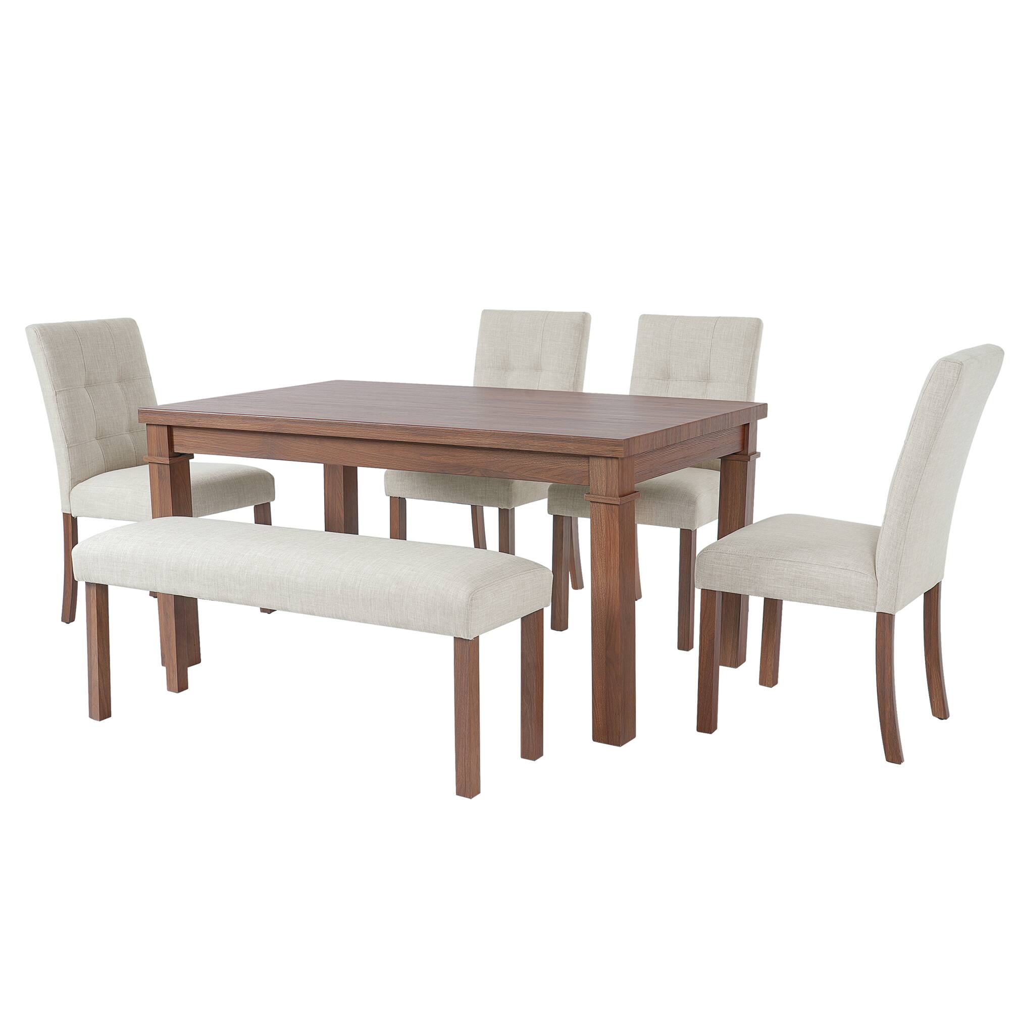 APRILSOUL - 6-Piece Modern Dining Set Rectangle Kitchen Table with 4 Upholstered Chairs and Bench Ideal for Dining Room - Walnut