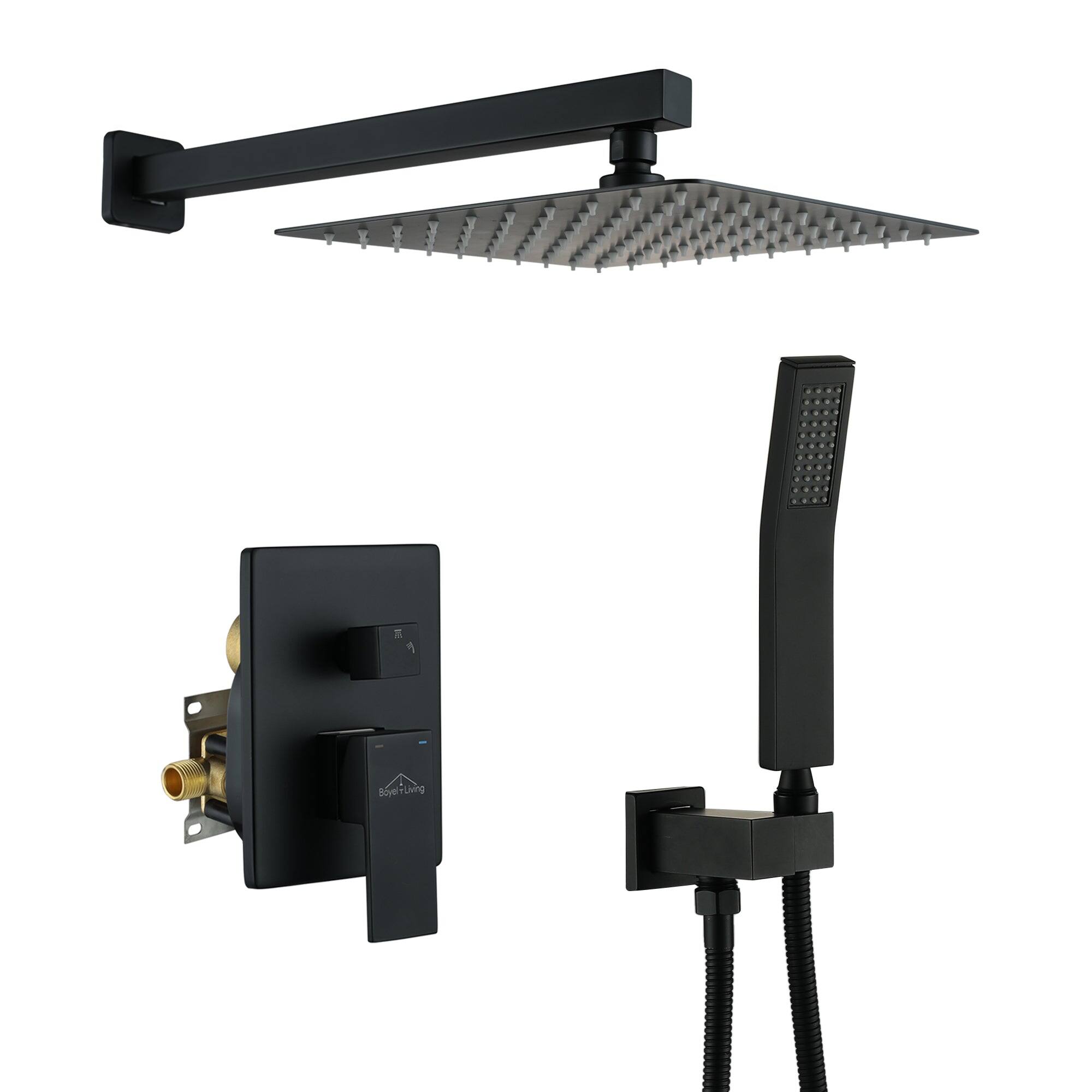 Boyel Living - 1-Spray Patterns with 2.5 GPM 10 in. Square Wall Mount Dual Shower Heads with Pressure Balance Valve - Matte Black