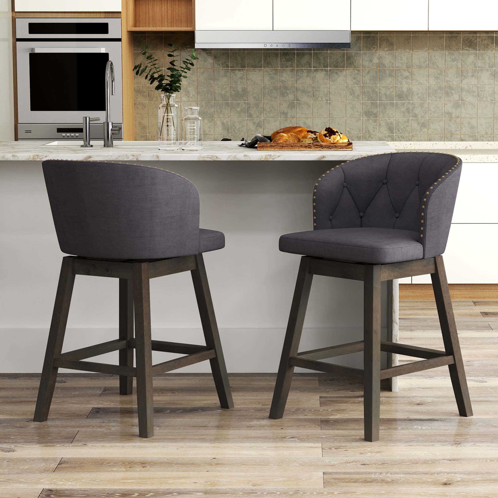 Alt View 1. Costway - 2 PCS Counter Height Bar Stools Fabric Upholstered Island Stools with 360° Swivel Seat - Gray+Brown.