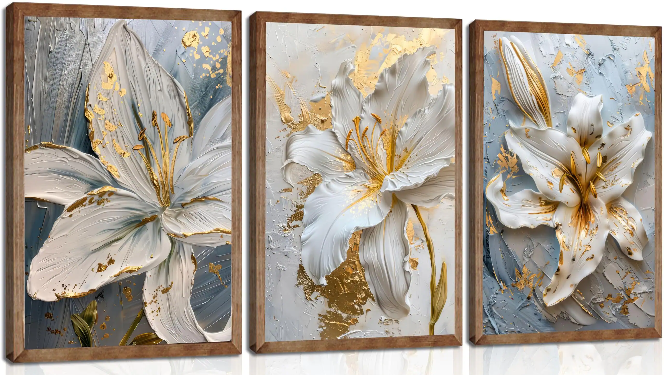 Hanke - Abstract Golden Flower Canvas Wall Art Boho Foil Blossom Painting Plane Textured 12 x 16 inches - Flower Posters