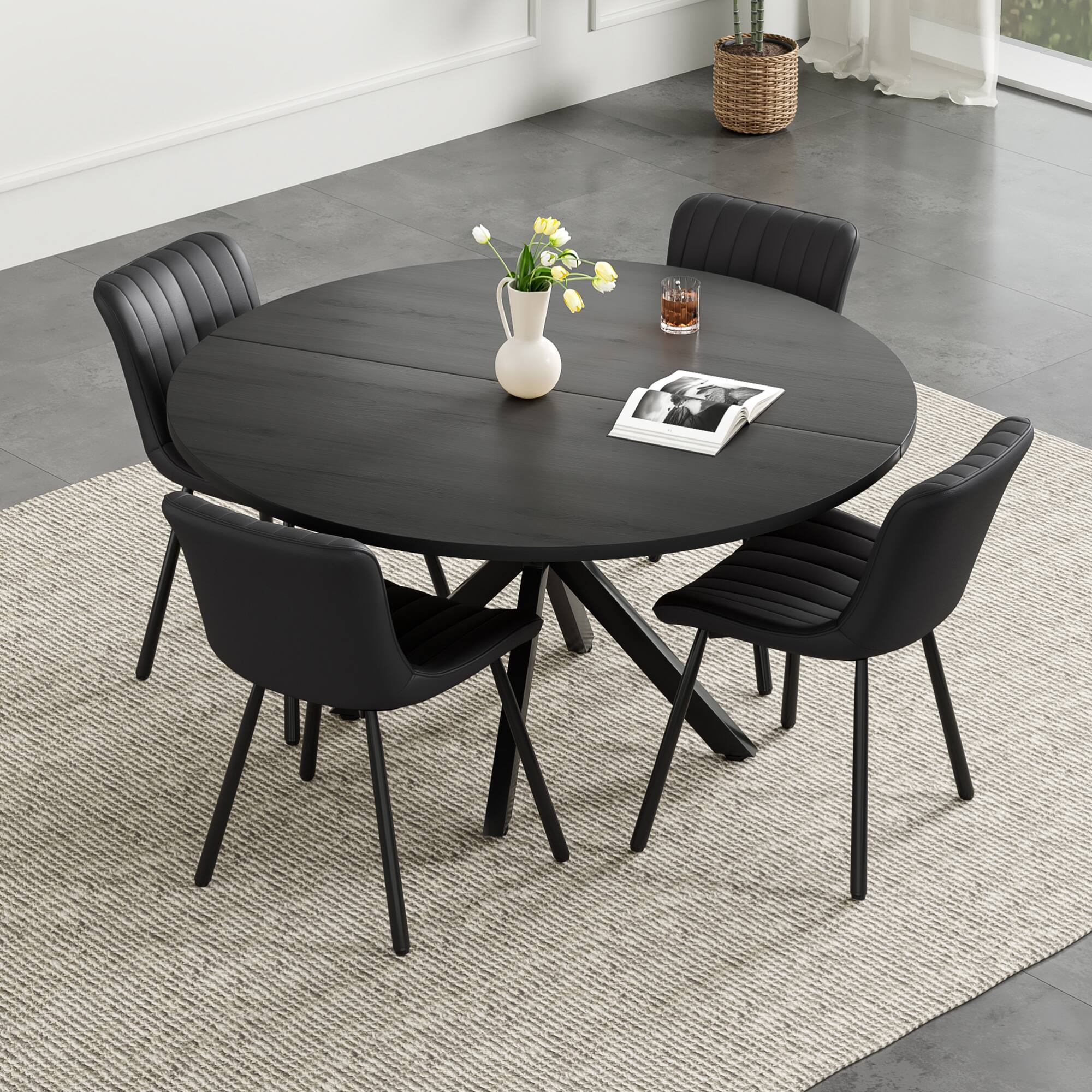 Alt View 2. GOODSILO - 47-Inch Round Dining Table for 4-6 People with Sturdy Base, Mid-Century Modern Kitchen Table for Dining Room - Black.